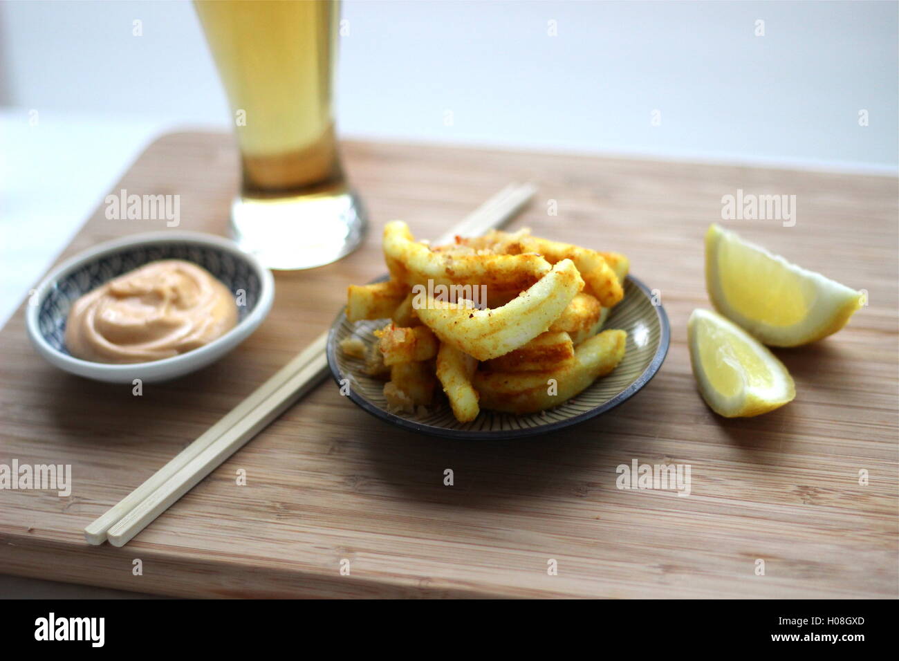 Fried squid on the cutting board Stock Photo