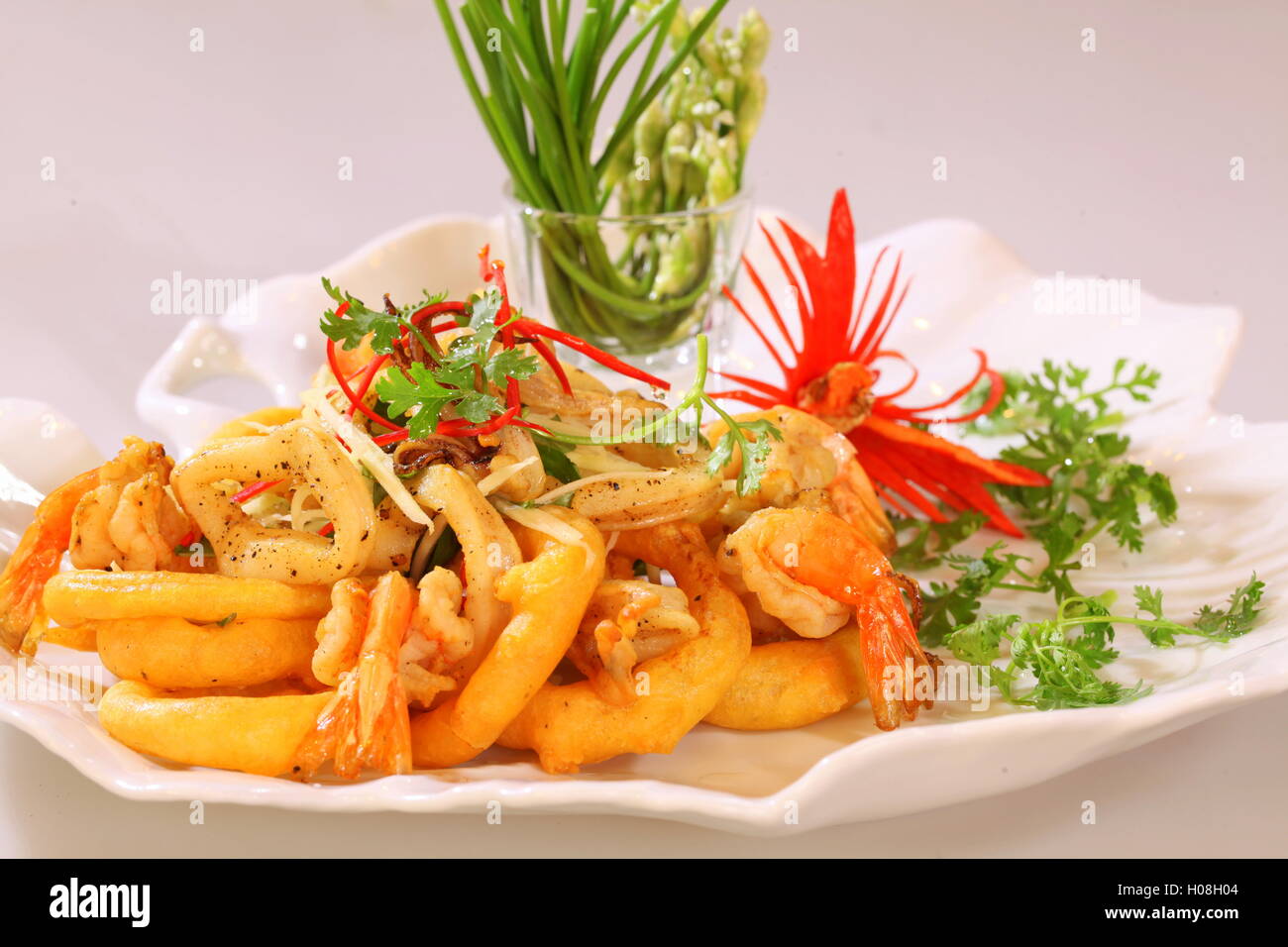 Fried shrimp and squid Stock Photo