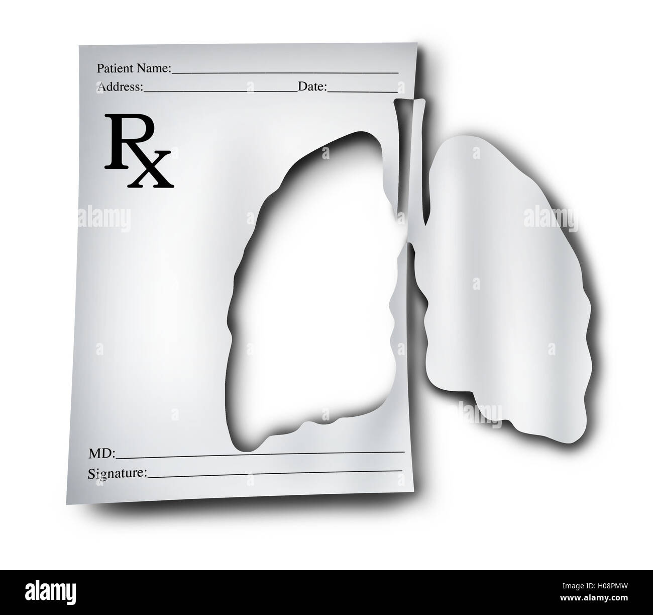 Lung medicine concept as asthma and respiratory medication for human lungs as a doctor prescription paper note that is cutout in the shape of an organ with 3D illustration elements. Stock Photo