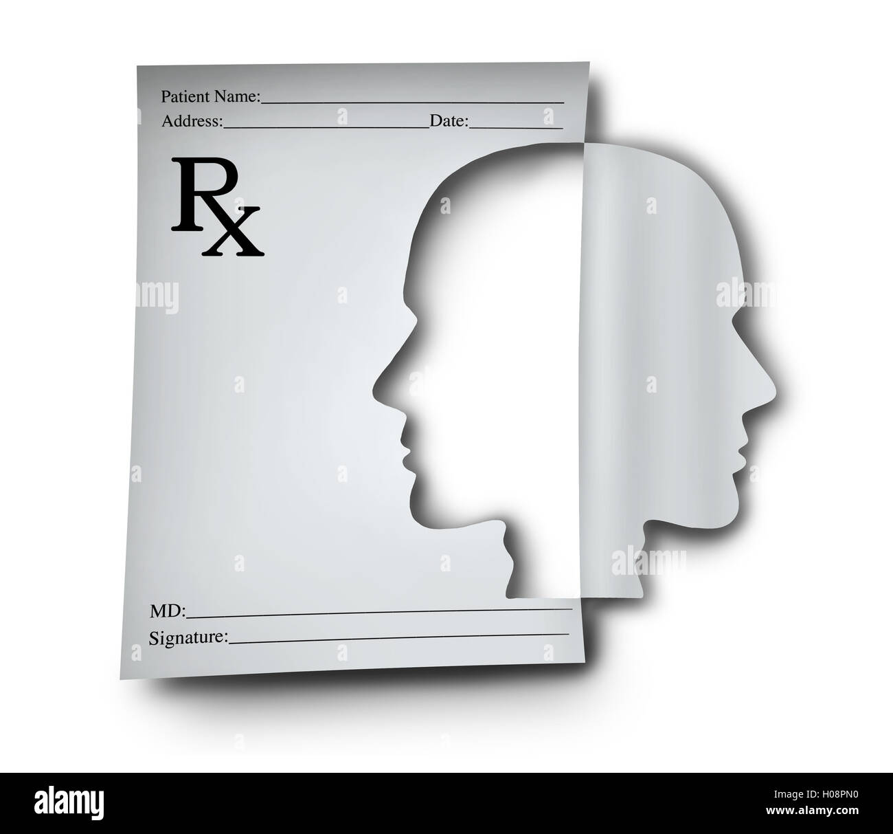 Mental health medication and psychiatric medicine concept as a doctor prescription note shaped as a human head as a medical symbol for brain illness or cognitive disorder with 3D illustration elements. Stock Photo