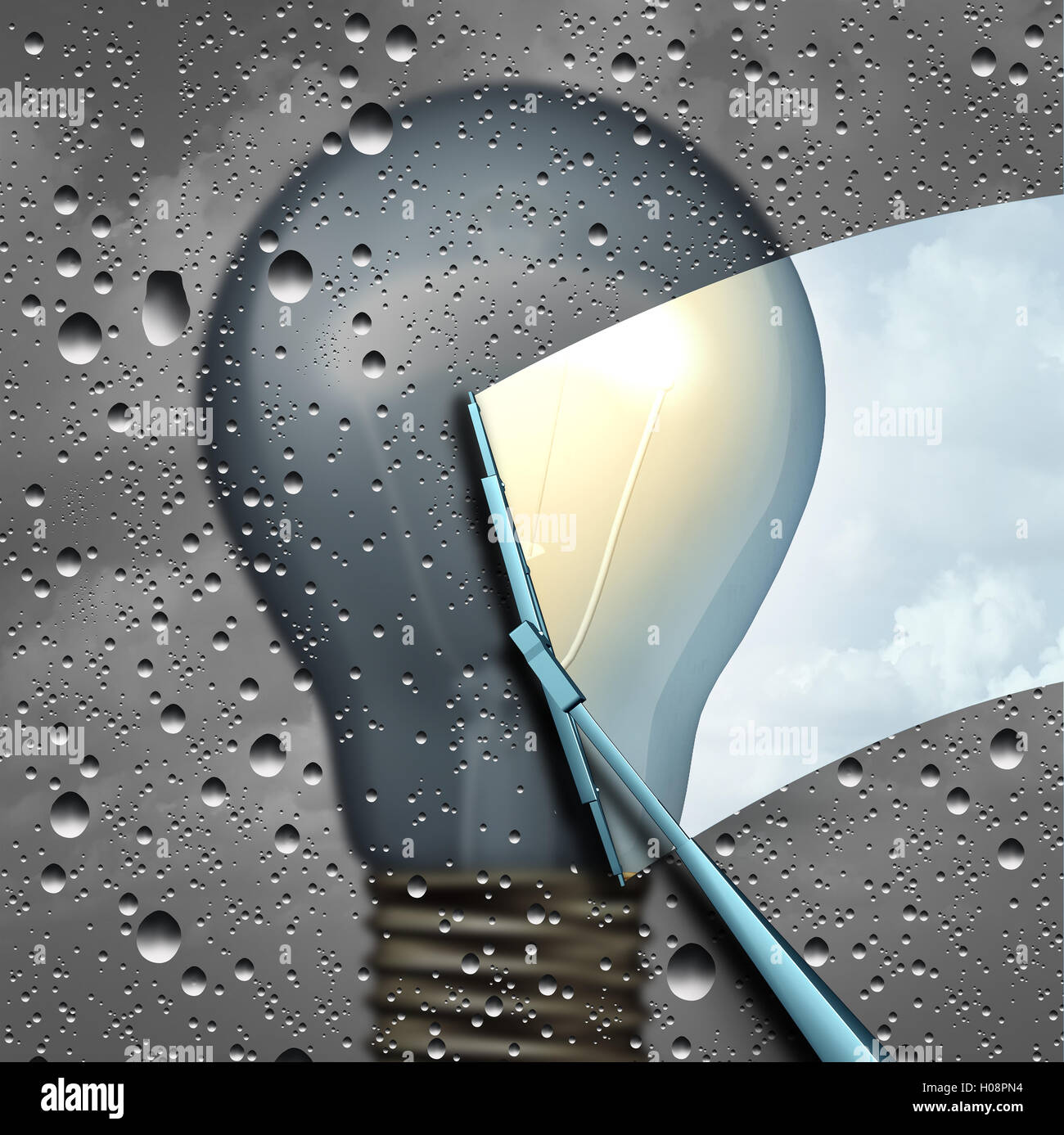 Positive thinking and eliinating negative outlook as a wiper clearing a cloudy wet window with a grey dark light bulb and a wiper cleaning it to expose a clean bright light as a solution and possibility icon as a 3D illustration. Stock Photo