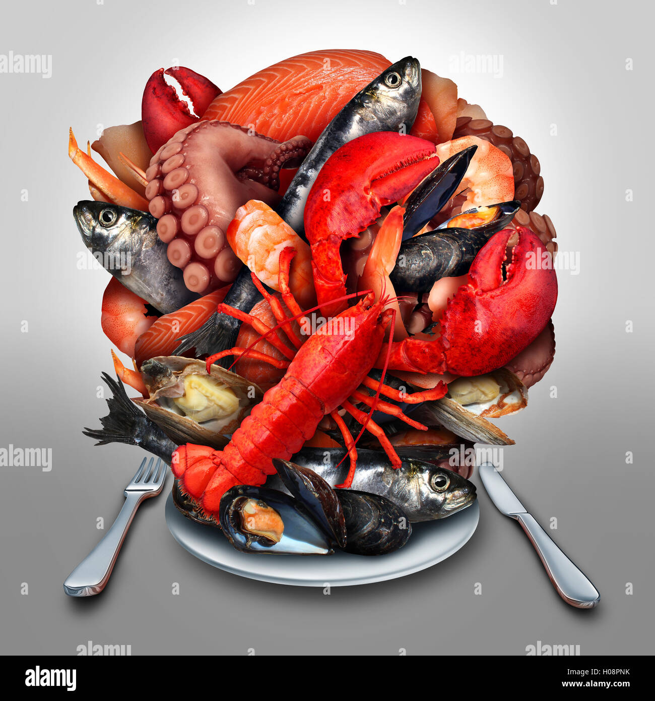 Seafood plate concept as a group of shellfish crustacean and fish grouped together on a dinner place setting as a fresh delicious meal from the ocean as lobster steamed clams mussels shrimp octopus and sardines. Stock Photo