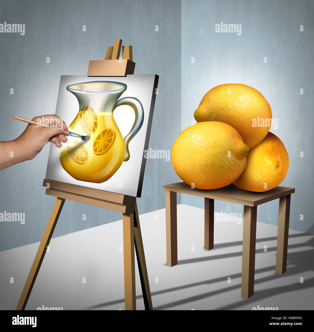 Make lemonade out of lemons positive motivational and inspirational quote symbol as a person interpreting a group of lemon fruits as a painting of a jug of lemonade as a concept fot optimism with 3D illustration elements. Stock Photo