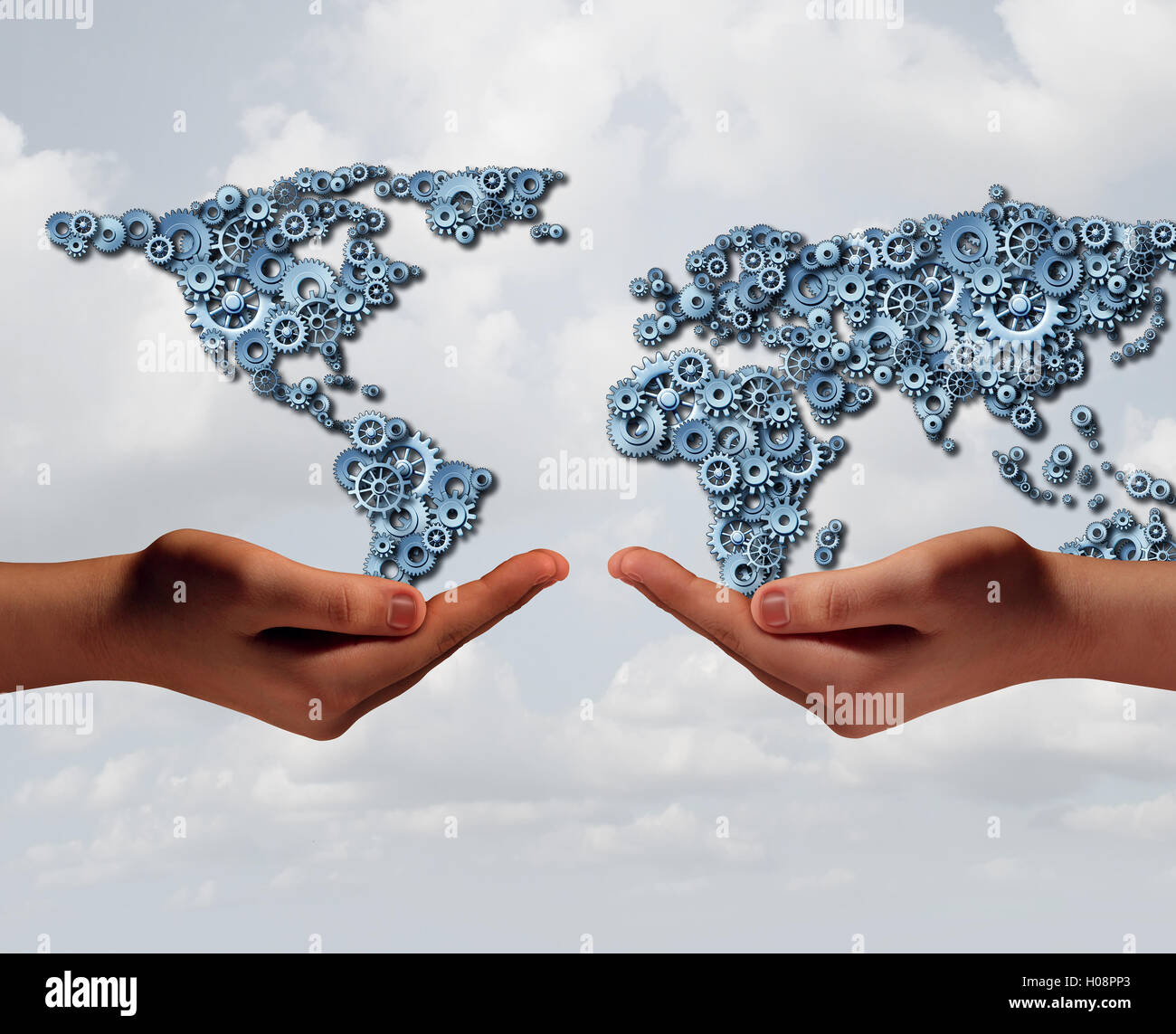 Global industry trade and international business agreement concept as two diverse hands holding a group of gears shaped as the world with 3D illustration elements. Stock Photo
