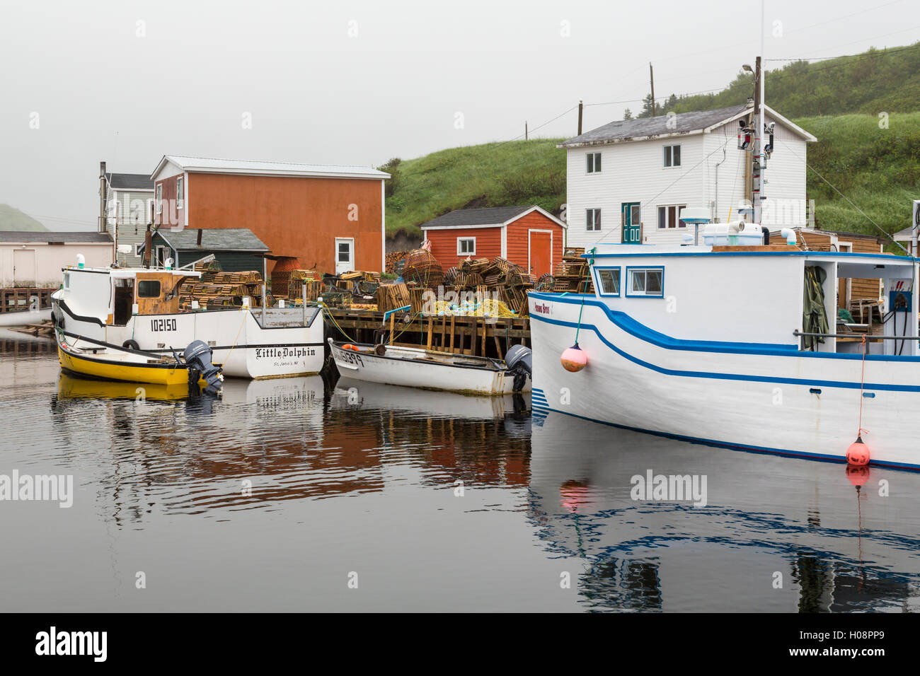 The fishing village and harbour with fishing stages and fishing boats at Trout River