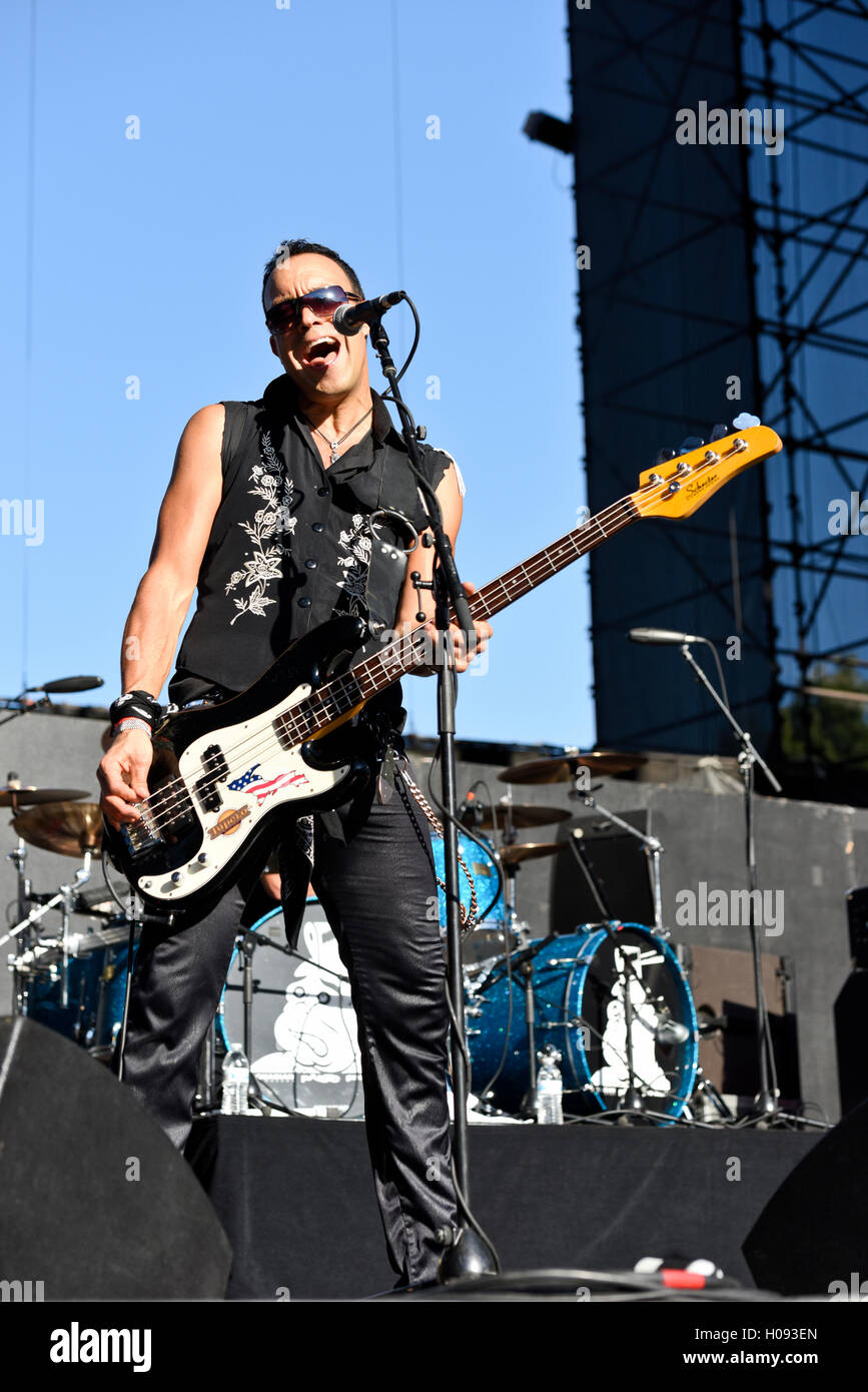 September 17, 2016, Irvine California, Bassist of the band Bulletboys on stage at the Sirius XM Hair Nation Fest Stock Photo