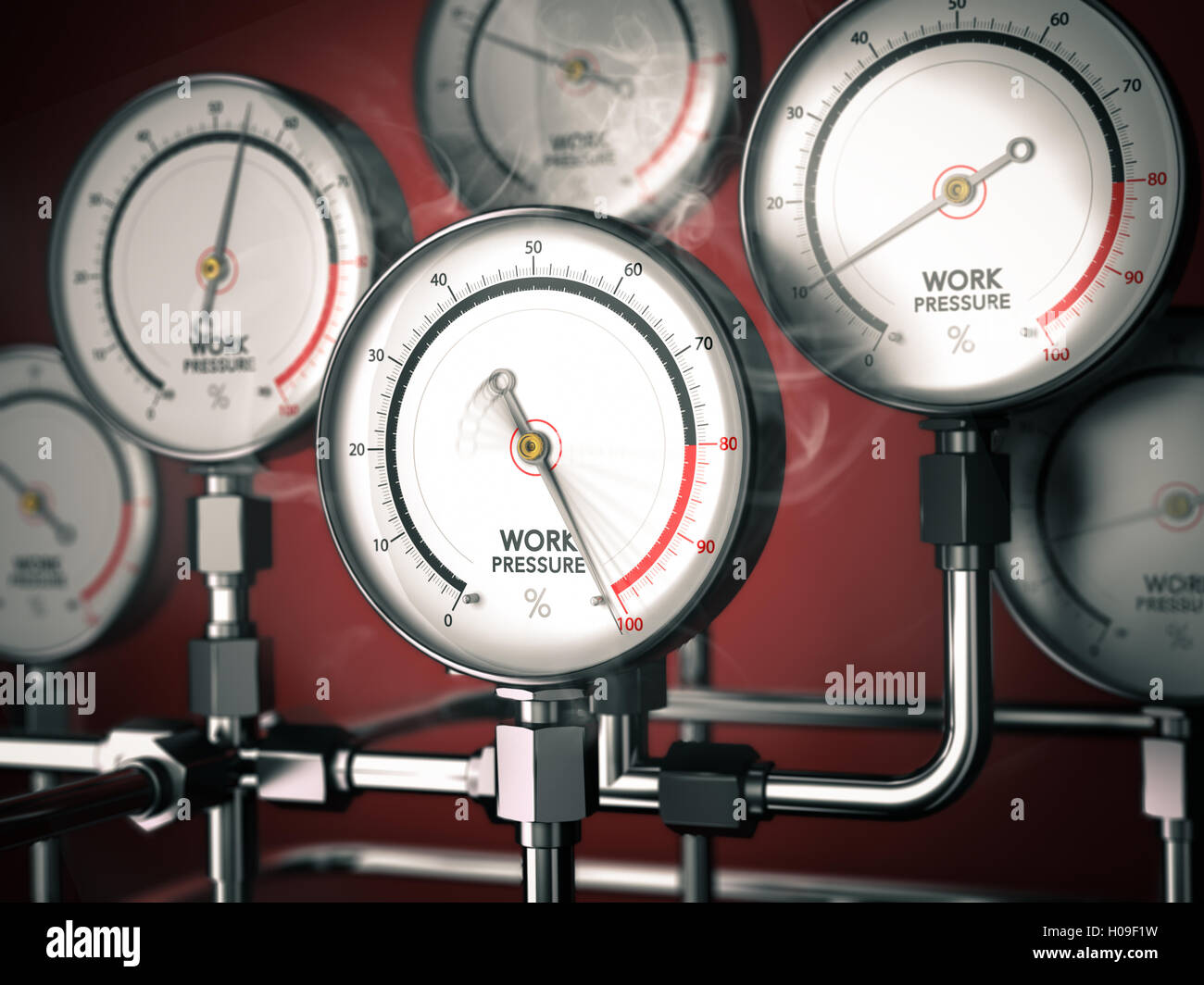 3D illustration of gauges with one overloaded over red background. Concept of overwork or workplace stress management. Stock Photo