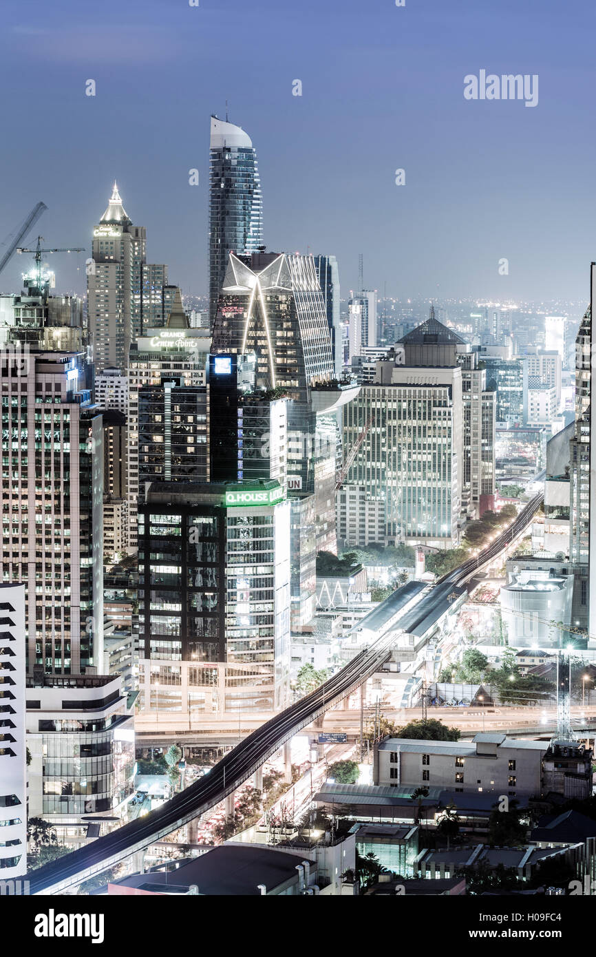 Bangkok skyline showing the Skytrain and Chit Lom, Sukhumvit and Ploen Chit areas, Bangkok, Thailand, Southeast Asia, Asia Stock Photo