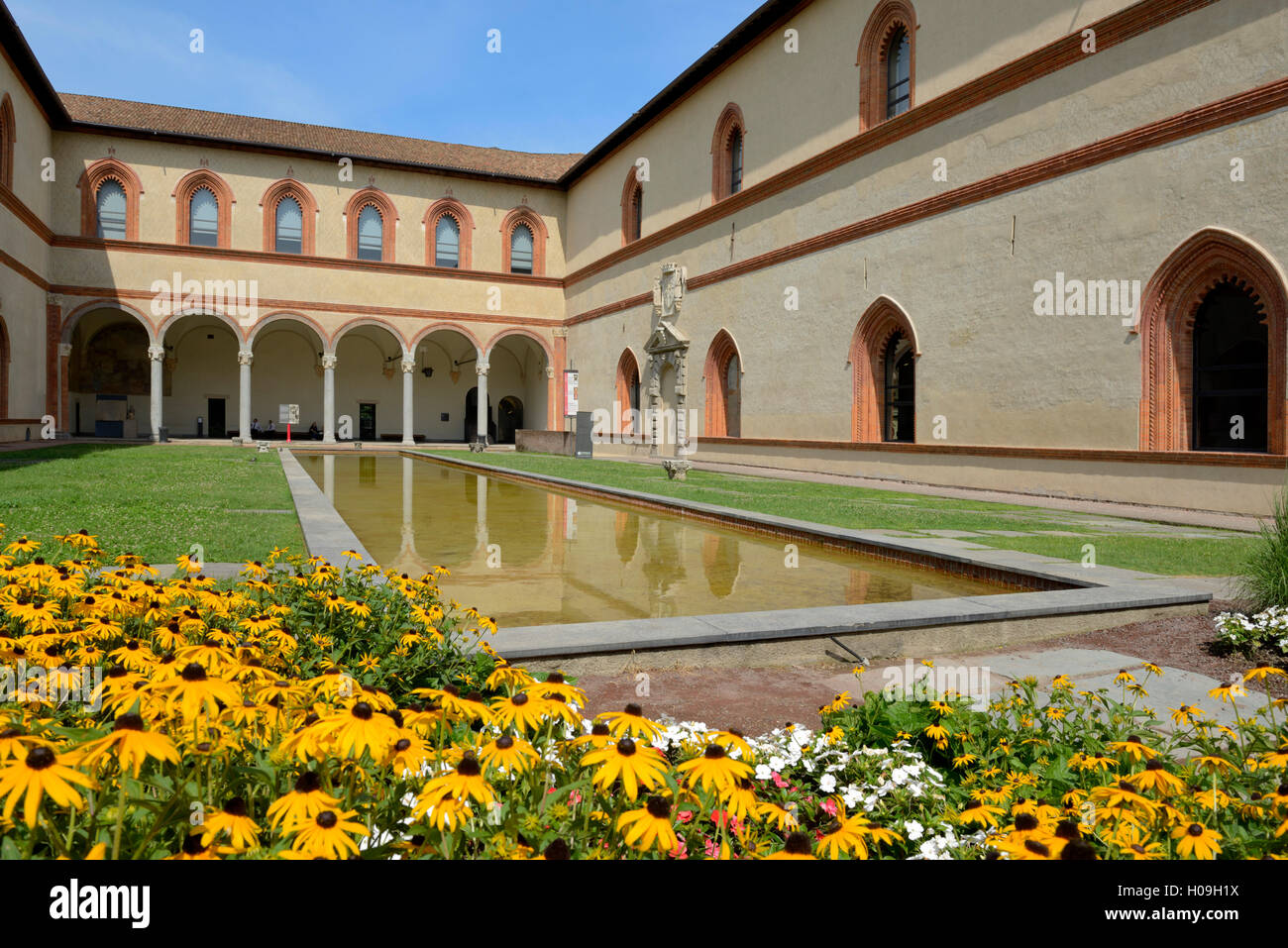 Garden in the Ducal Courtyard, Sforzesco Castle (Castello Sforzesco), Milan, Lombardy, Italy, Europe Stock Photo