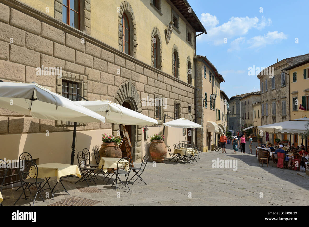 Shops and restaurants, Via Ferruccio, Castellina in Chianti, Siena Province, Tuscany, Italy, Europe Stock Photo
