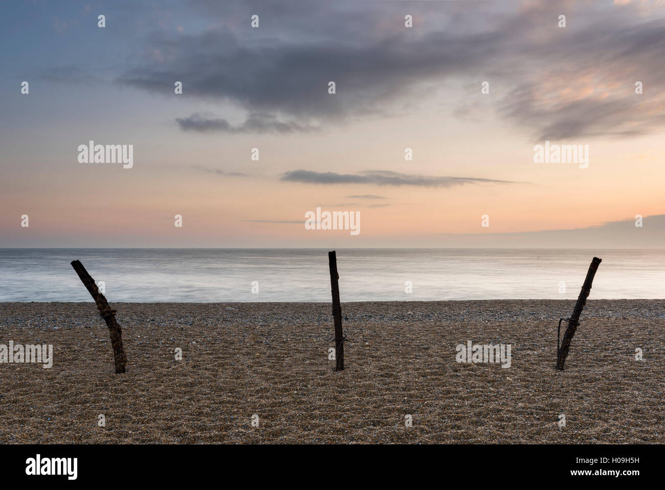 A spring dawn on the shingle beach at Salthouse, Norfolk, England, United Kingdom, Europe Stock Photo