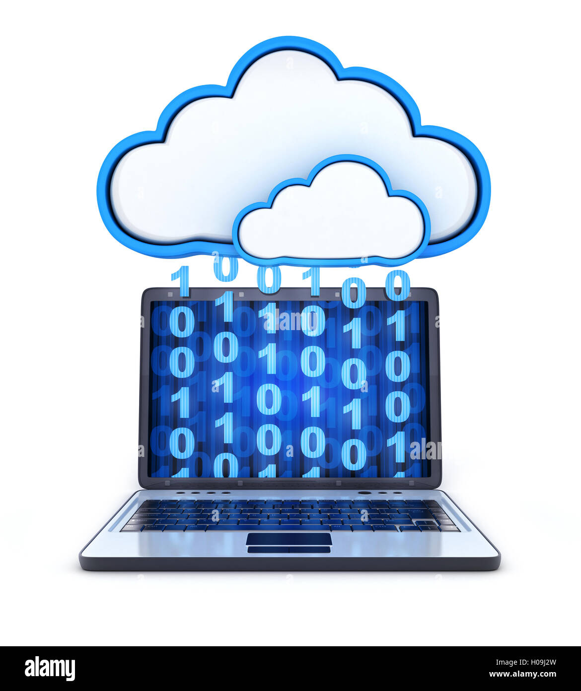 Laptop binary and cloud storage (done in 3d rendering) Stock Photo