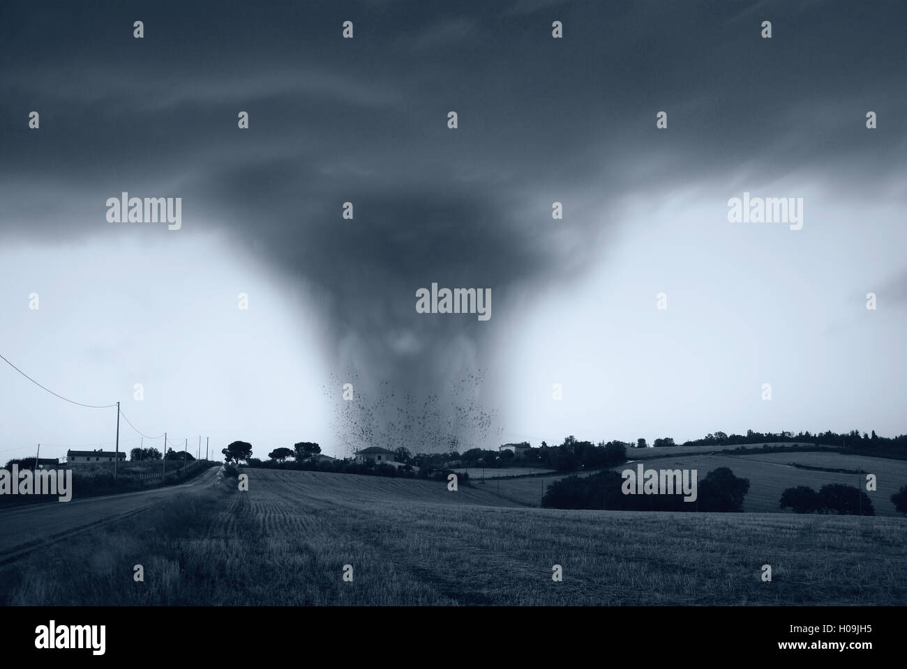 amazing tornado with dark sky at horizon Stock Photo
