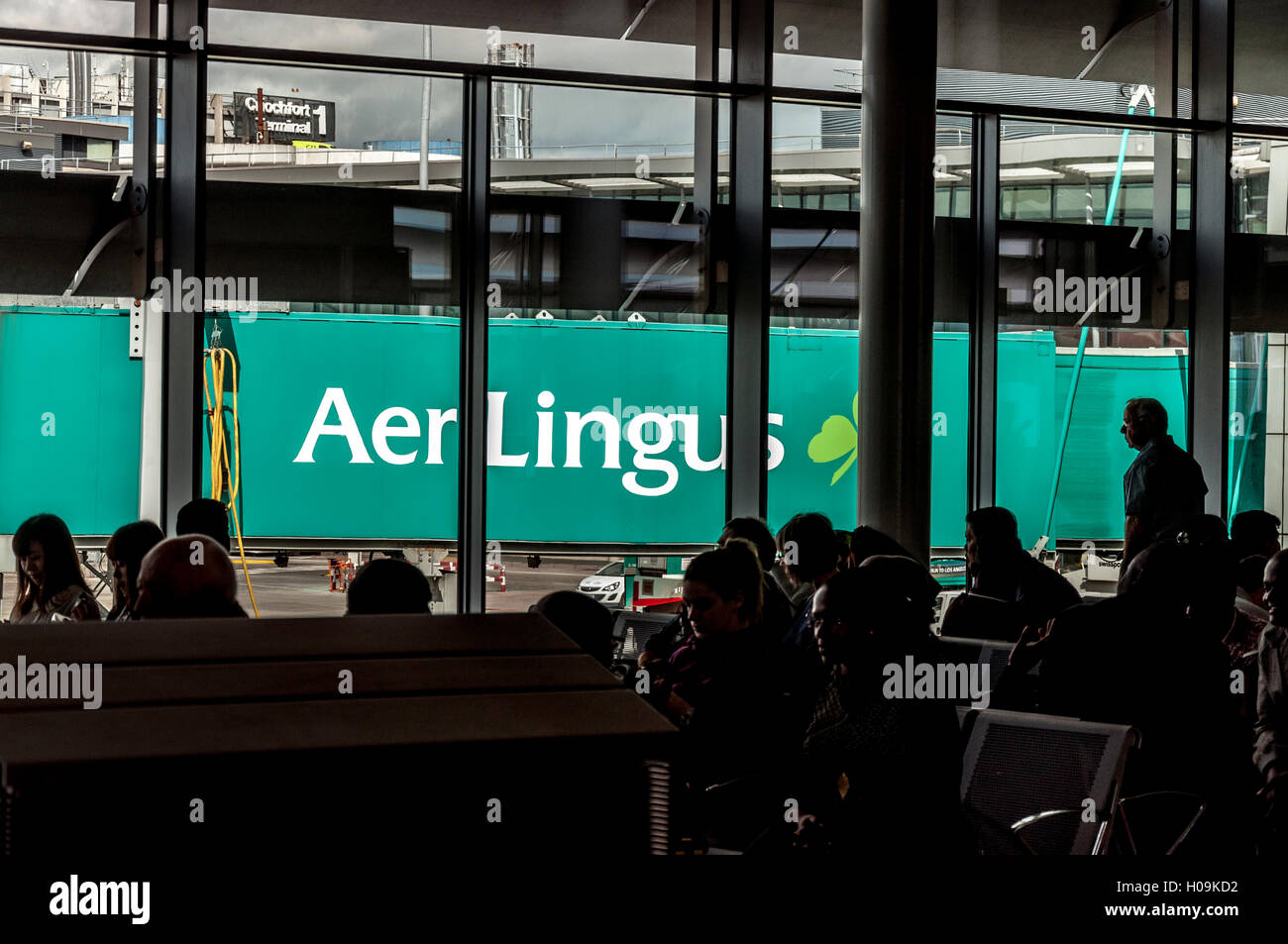 Dublin Airport Terminal Two. Aer Lingus passengers in departure lounge