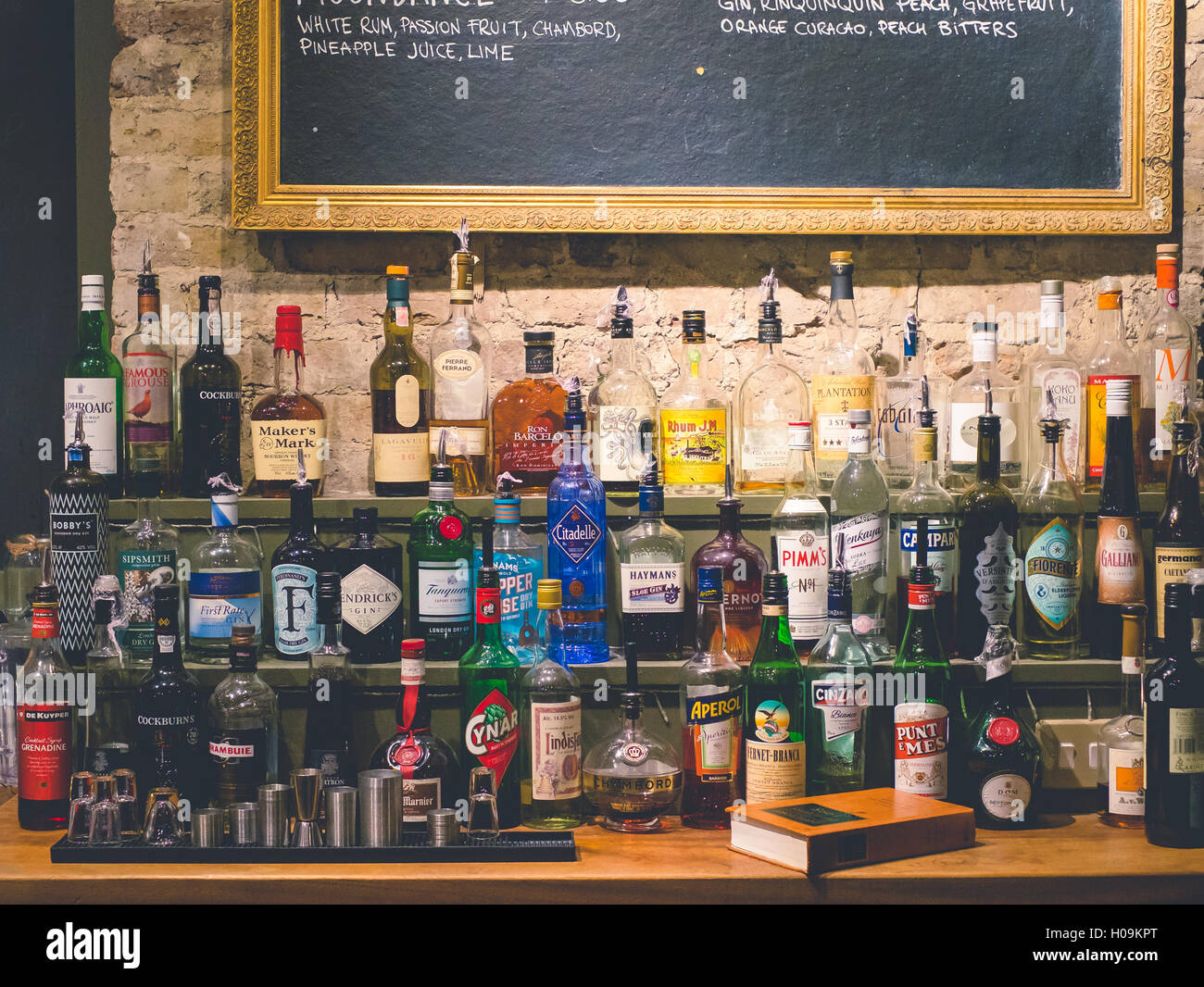 A wide selection of alcoholic drinks in the upstairs bar at Wilton's Music Hall, London E1 Stock Photo