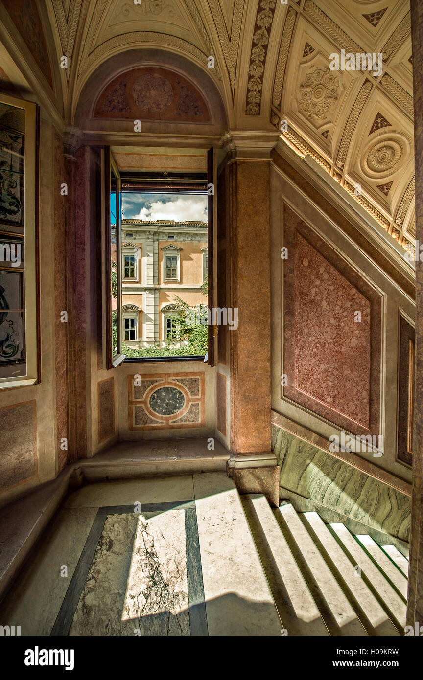 Foreshortening of the first floor of Villa Farnesina in Rome Stock Photo