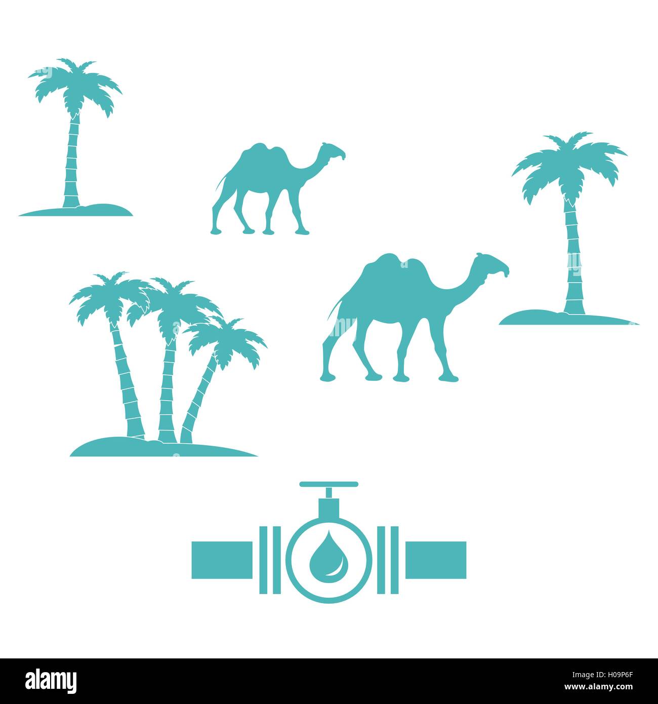 Stylized icon of the pipe with a valve and fuel drops on a white background with palm trees and camels Stock Vector