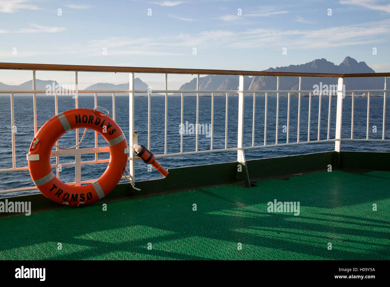 Lofoten Islands, Nordland, northern Norway from  'Nordlys' Hurtigruten ferry ship with life saving bouyancy ring Stock Photo