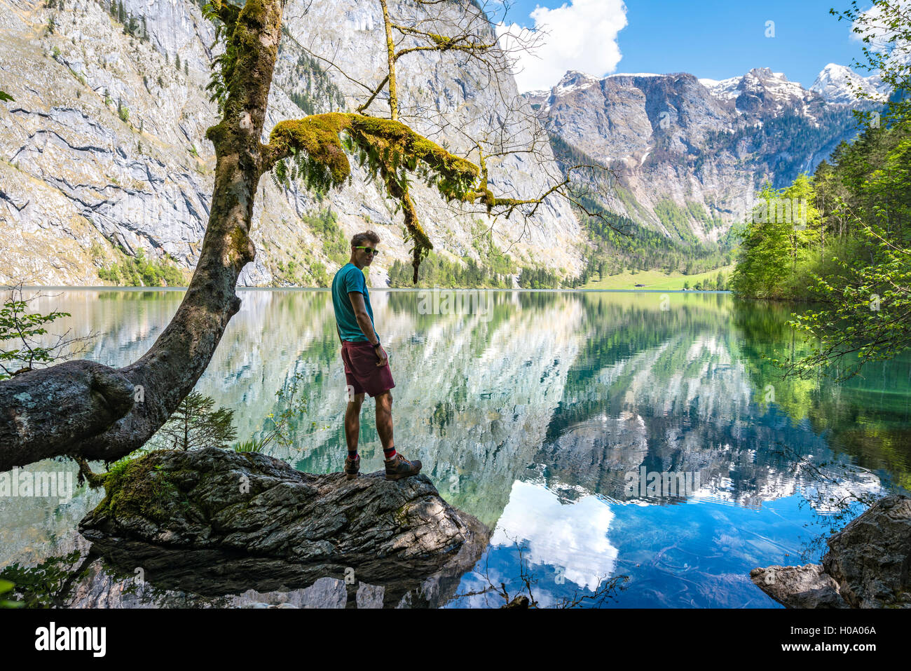 Young man standing on stone in water, reflection in lake, Obersee, Salet am Königssee, National Park Berchtesgaden Stock Photo