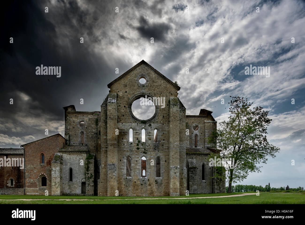 Dark clouds over the ruins of the former Cistercian Abbey of San Galgano, Chiusdino, Tuscany, Italy Stock Photo