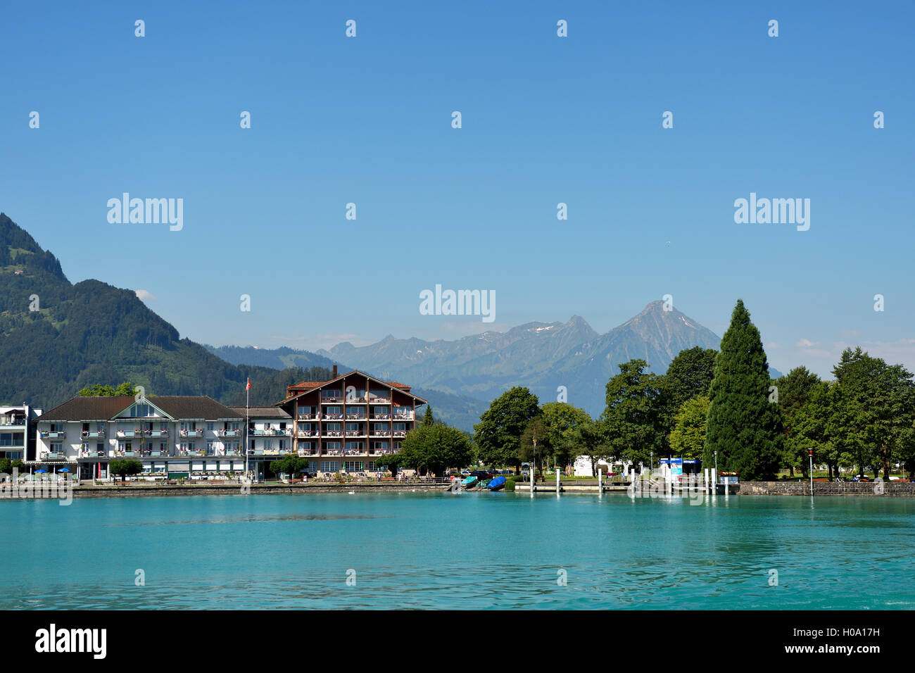 Promenade with jetty, Bönigen, Lake Brienz, Canton of Bern, Switzerland Stock Photo