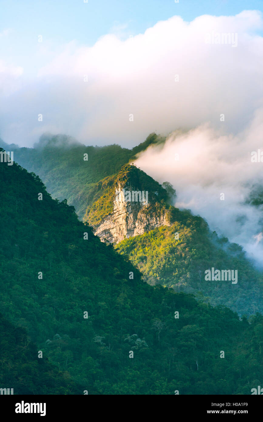 Mountains, karst mountains, forest, overcast, ont he Nam Ou River, Nong Khiaw, Luang Prabang Province, Laos Stock Photo