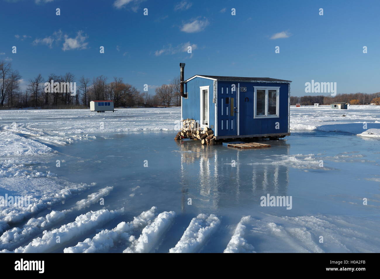 Ice fishing cabin on frozen Saint Lawrence River, Maple Grove