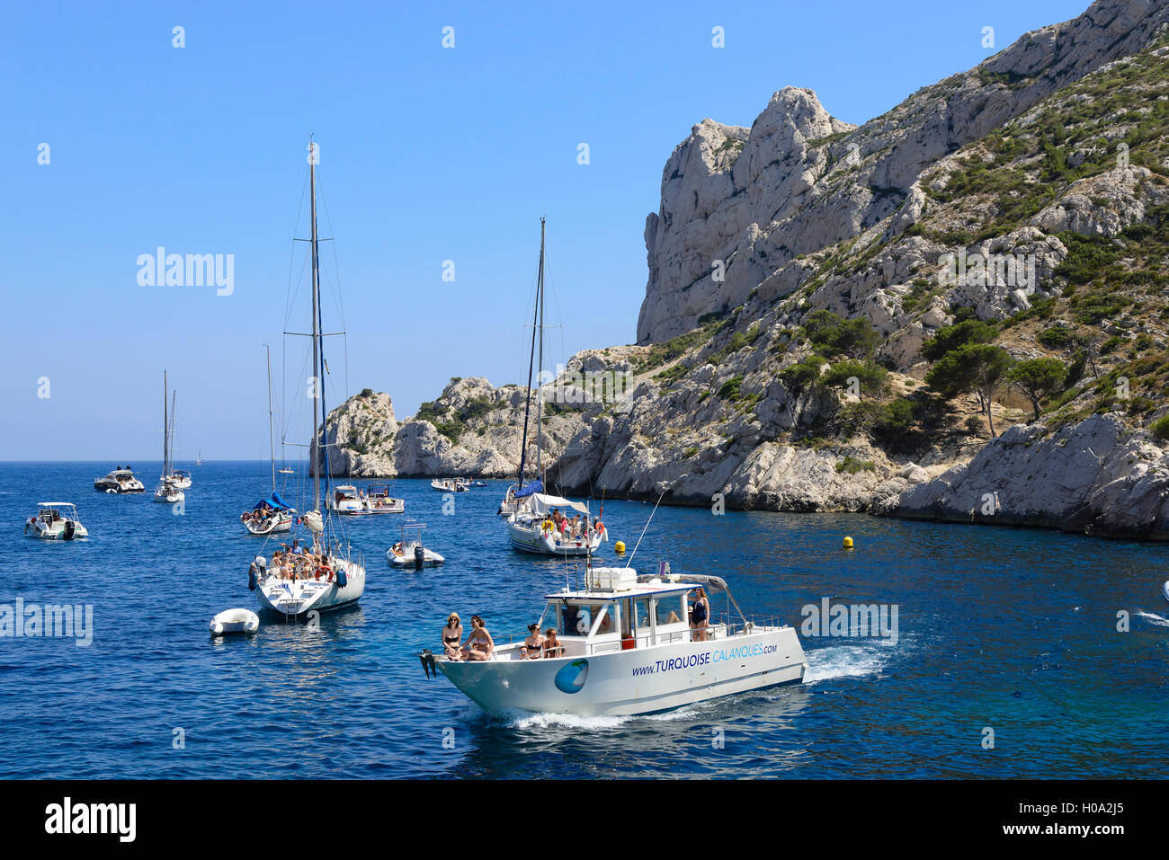 Excursion boats on the Mediterranean Sea, Calanques National Park, Marseille, Provence, Cote d'Azur, France Stock Photo
