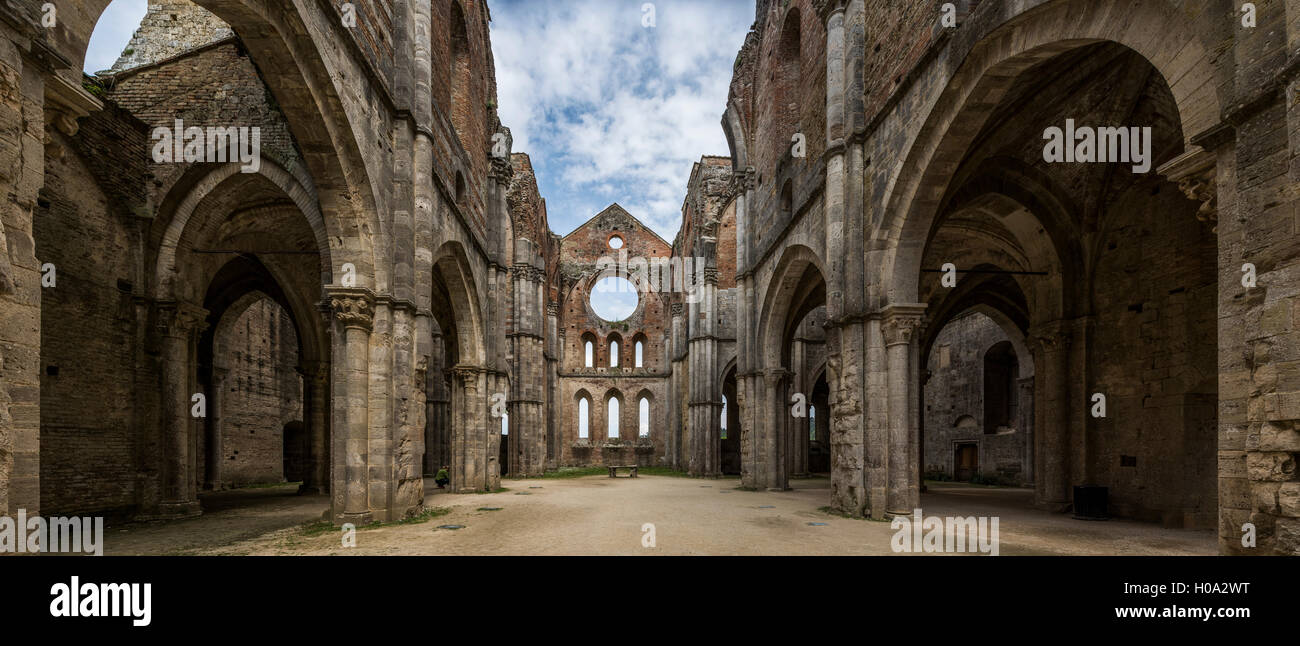 Ruins of the former Cistercian Abbey of San Galgano, Chiusdino, Tuscany, Italy Stock Photo