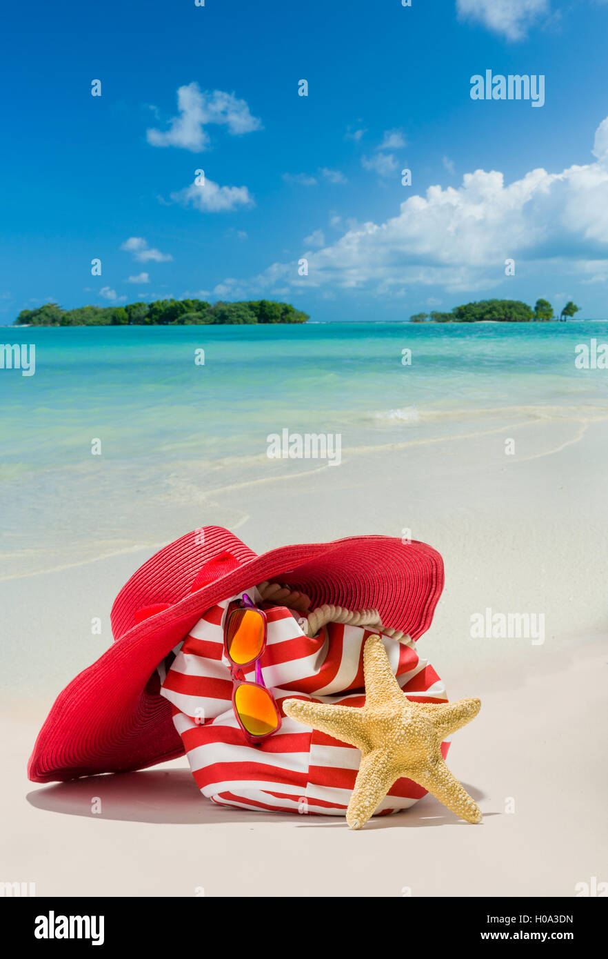 Summer beach bag with straw hat, sunglasses and starfish on sandy beach ...