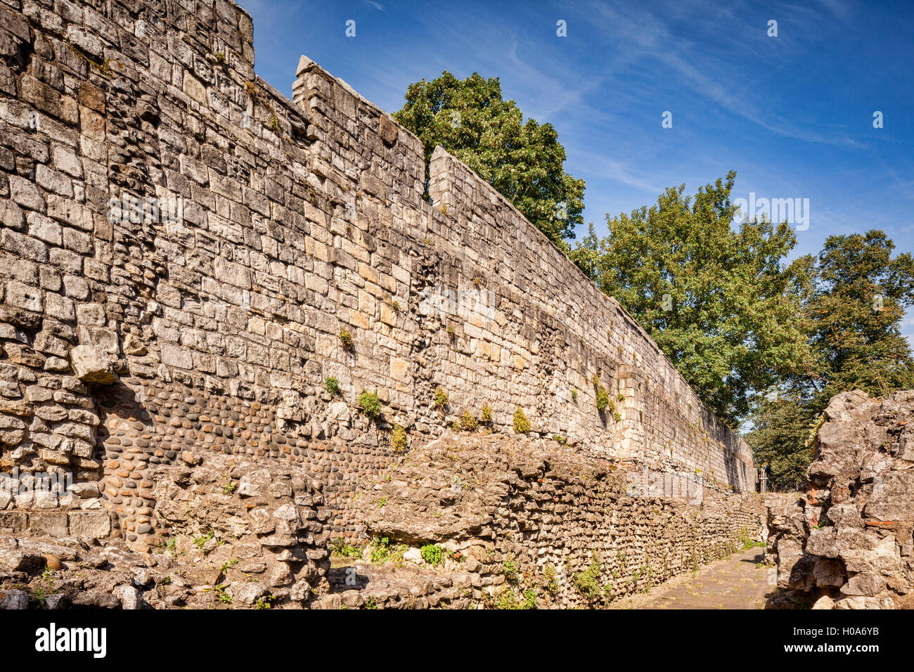 The oldest section of York city walls, built around 200 AD, during the Roman occupation, York, North Yorkshire, England, UK Stock Photo
