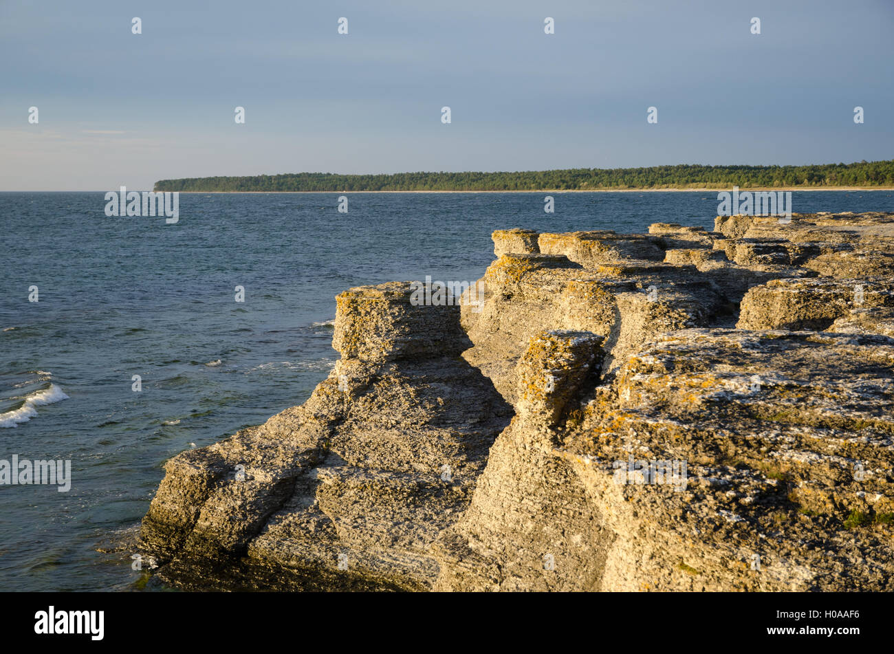 Eroded cliff formations by the coast of the swedish island Oland in the Baltic Sea Stock Photo