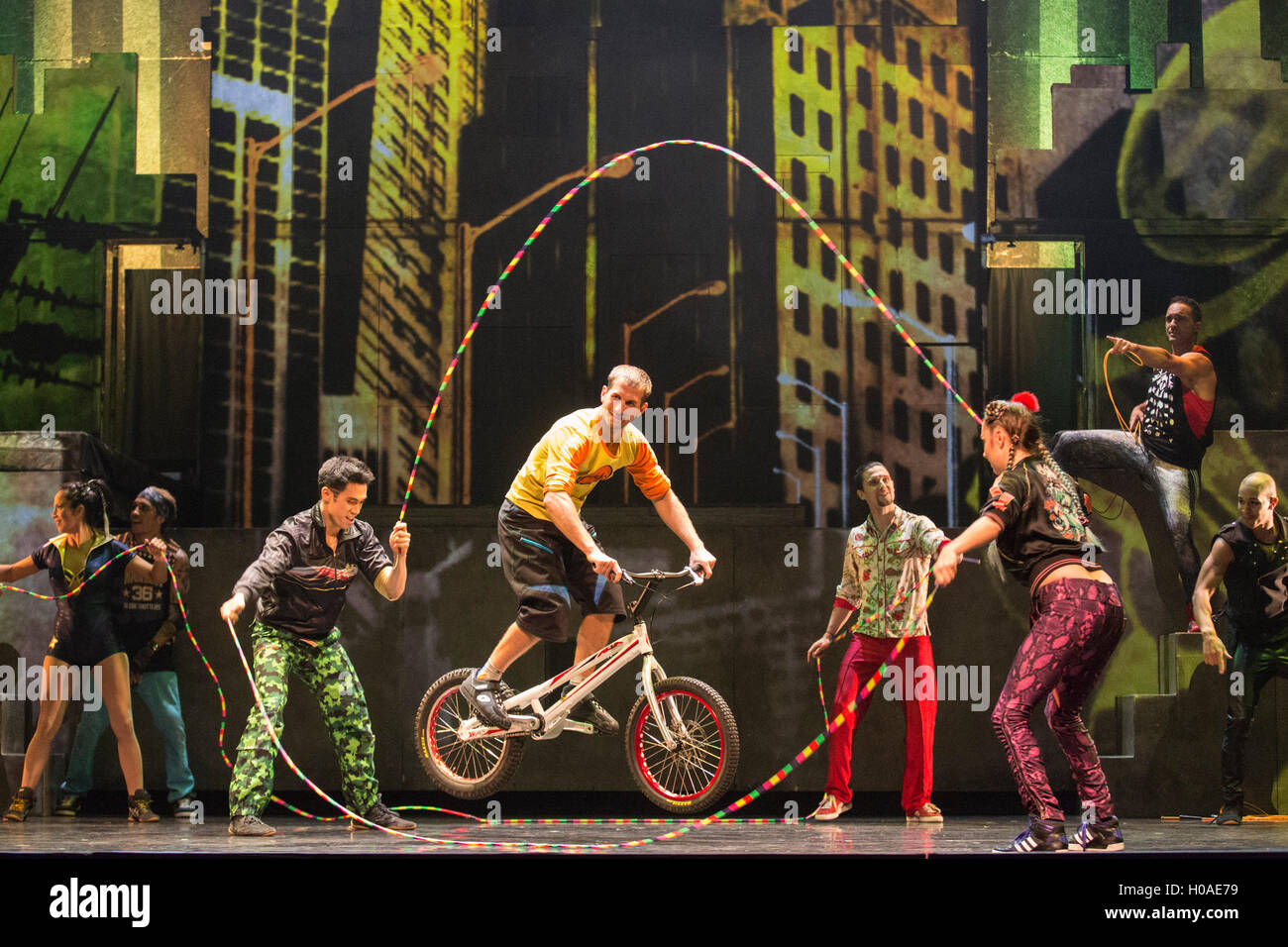 London, UK. 19 September 2016. Thiebaut Philippe performing on the trial bike. Dress rehearsal of iD, the latest show of Canadian contemporary circus crew Cirque Eloize at The Peacock theatre. iD blends daring stunts, circus arts, acrobatic skills and breakdance set in an urban streetscape. The show runs from 20 September to 8 October 2016. On 21 September, the show will celebrate its 1000th performance. Stock Photo
