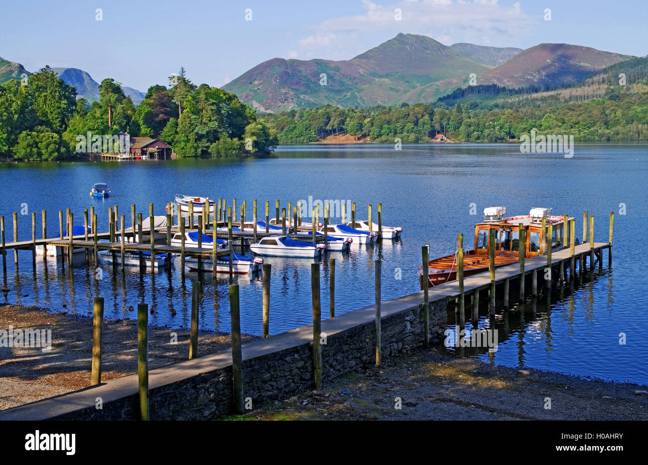 Small motor boats and Keswick launch moored at landing stages