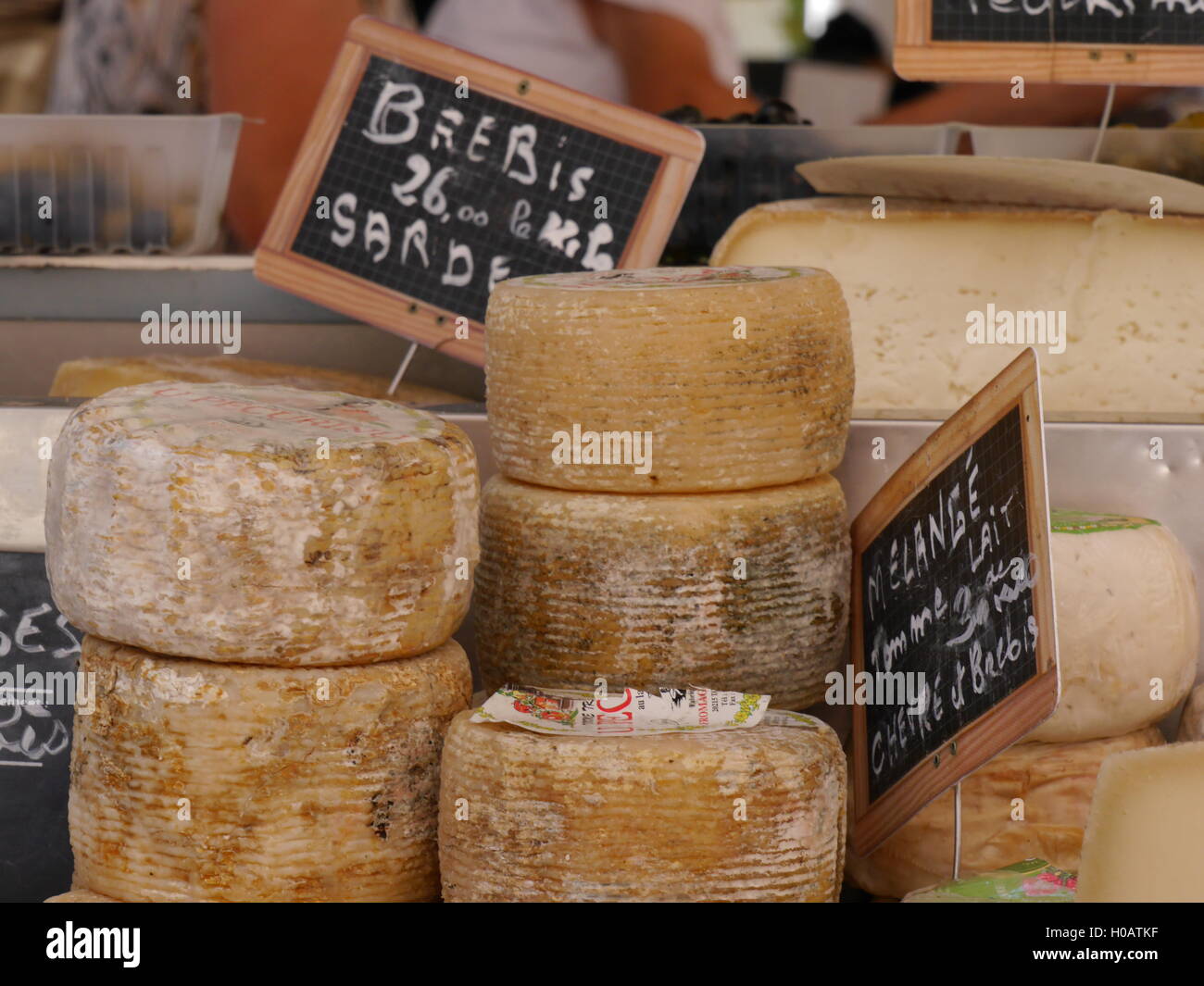 Close up of Brebis cheeses on French market stall Stock Photo