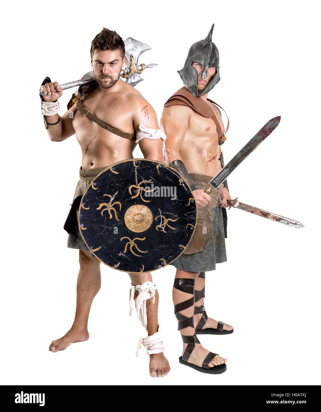 Ancient warriors or Gladiators isolated in a white background Stock Photo