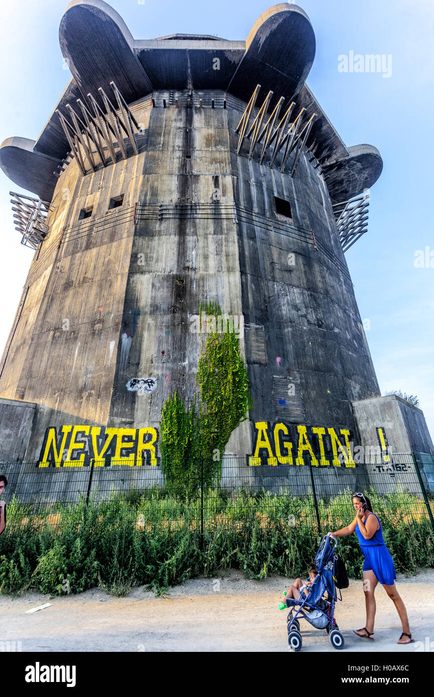 A German flak tower, Flakturm, a remnant of the second world war,anti-aircraft bunker, Augarten, Vienna, Austria Stock Photo
