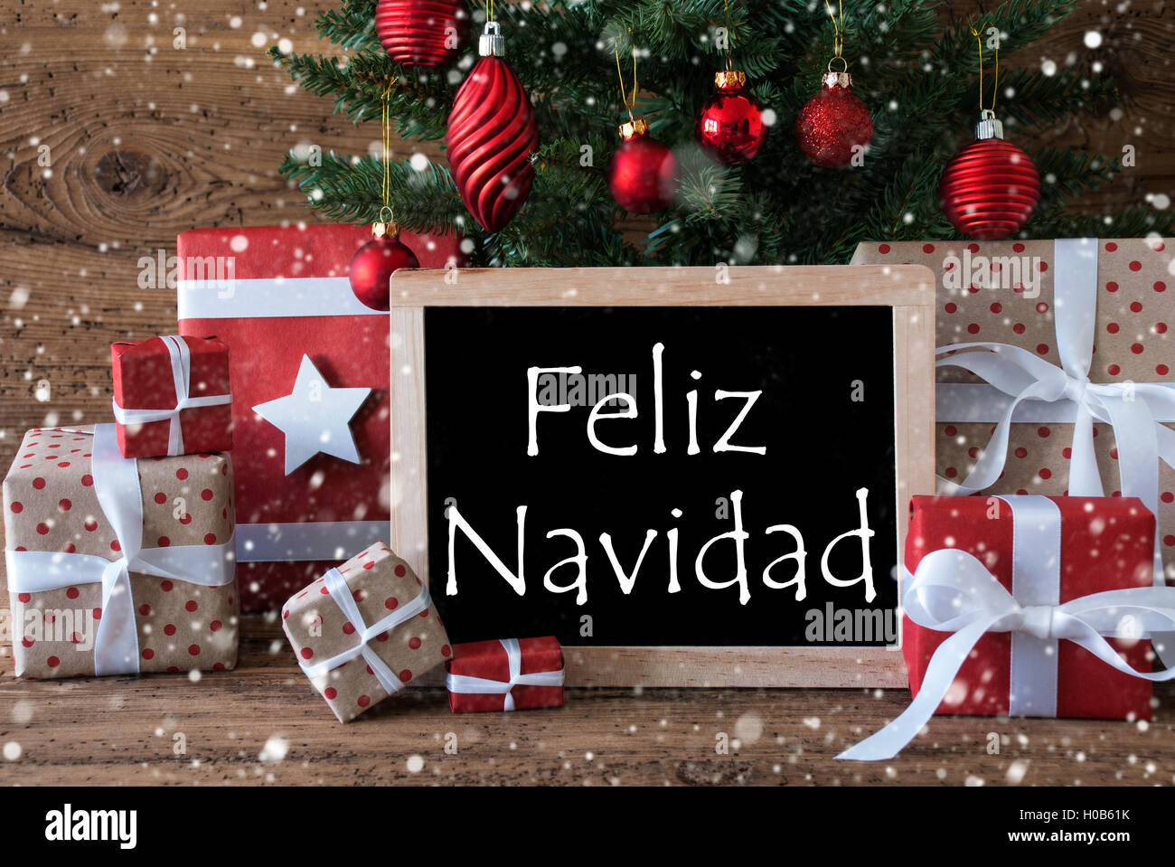 Colorful Tree With Snowflakes, Feliz Navidad Means Merry Christmas Stock Photo