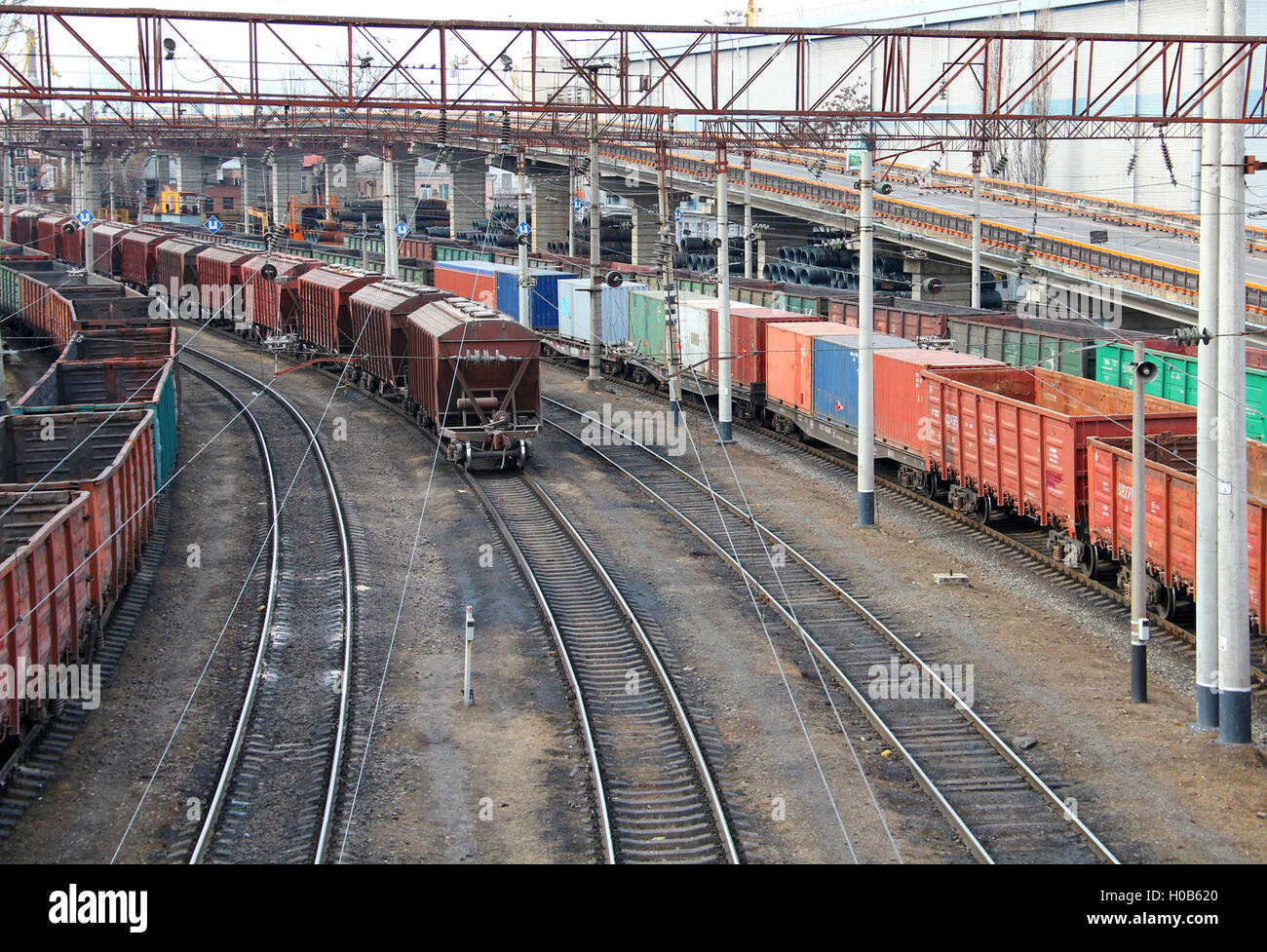 Rail tracks and containers in cargo port, Odessa, Ukraine Stock Photo