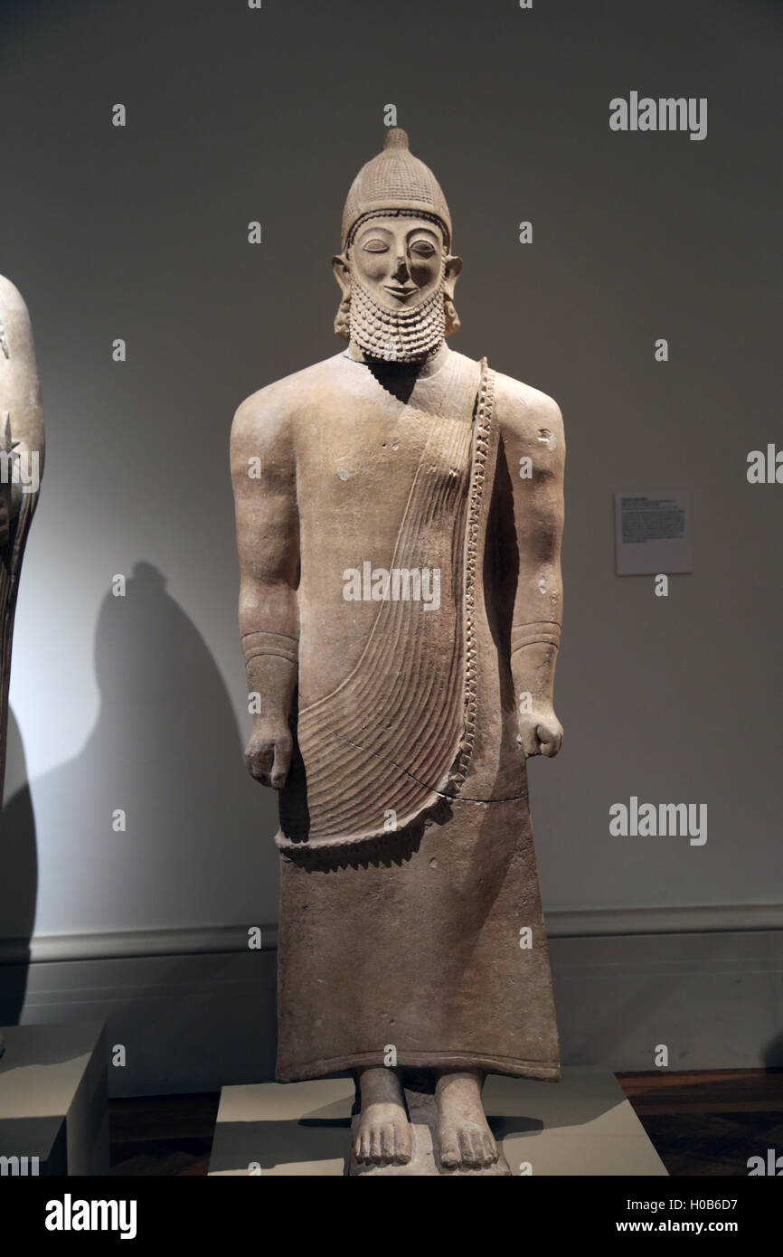 Limestone male figure. Cypriot, Archaic. Last quarter of the 6th century BC. Temple at Golgoi. Stock Photo