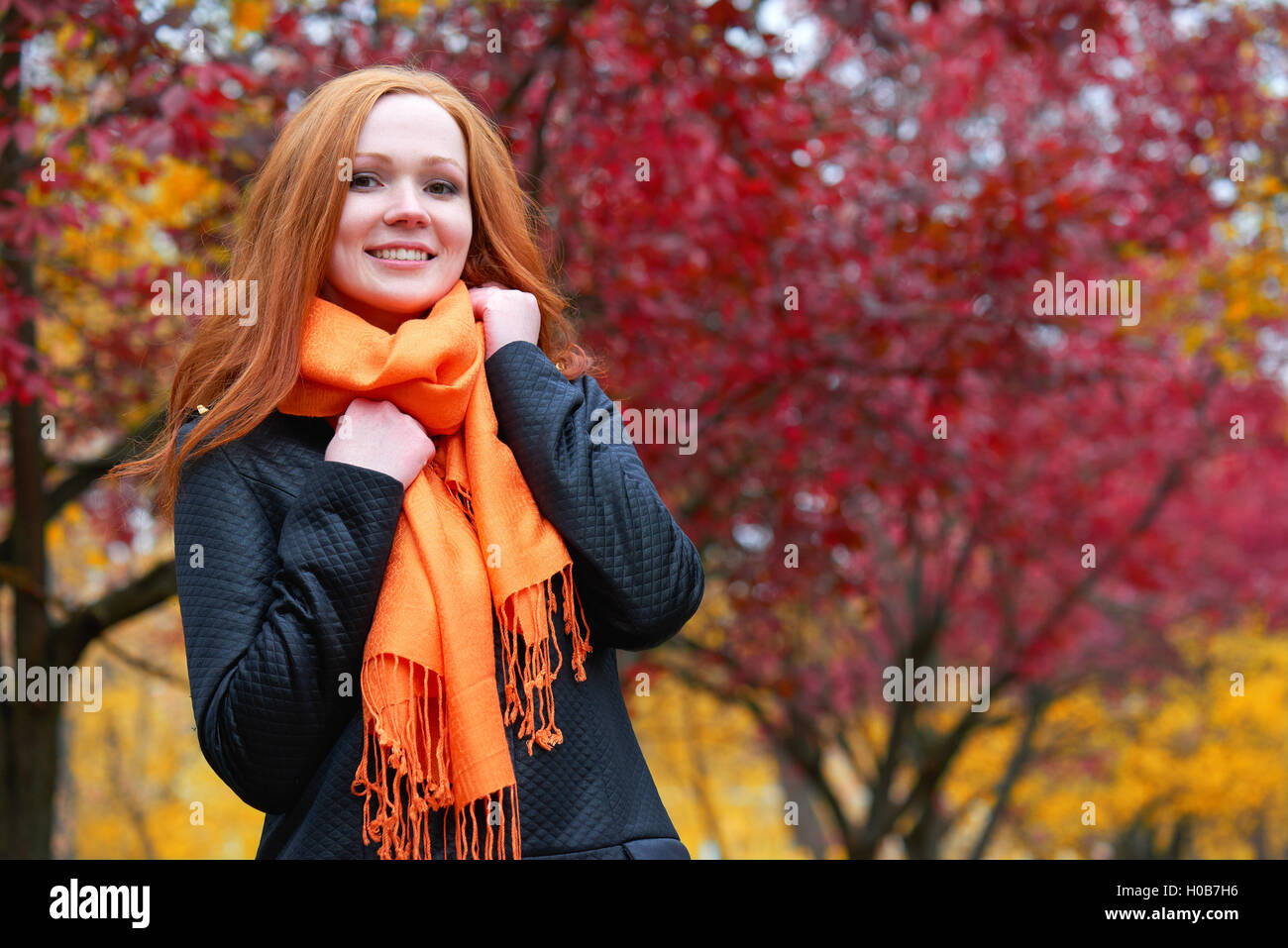 girl portrait in autumn season, background from red and yellow leaves ...