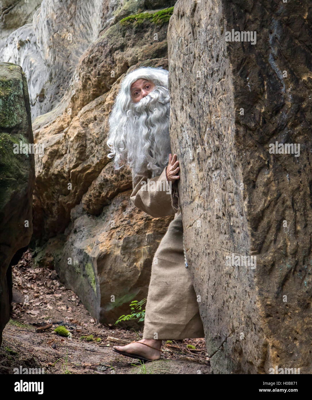 Surprised hermit peeks behind rock. The bearded monk in nature. Stock Photo