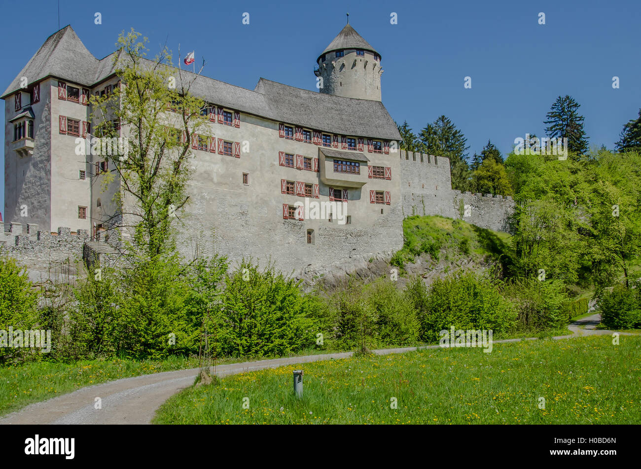 Matzen Castle, now a Hotel in Tyrol, on the well protected hill of Matzen was already a residential place in the Bronze Age. Stock Photo