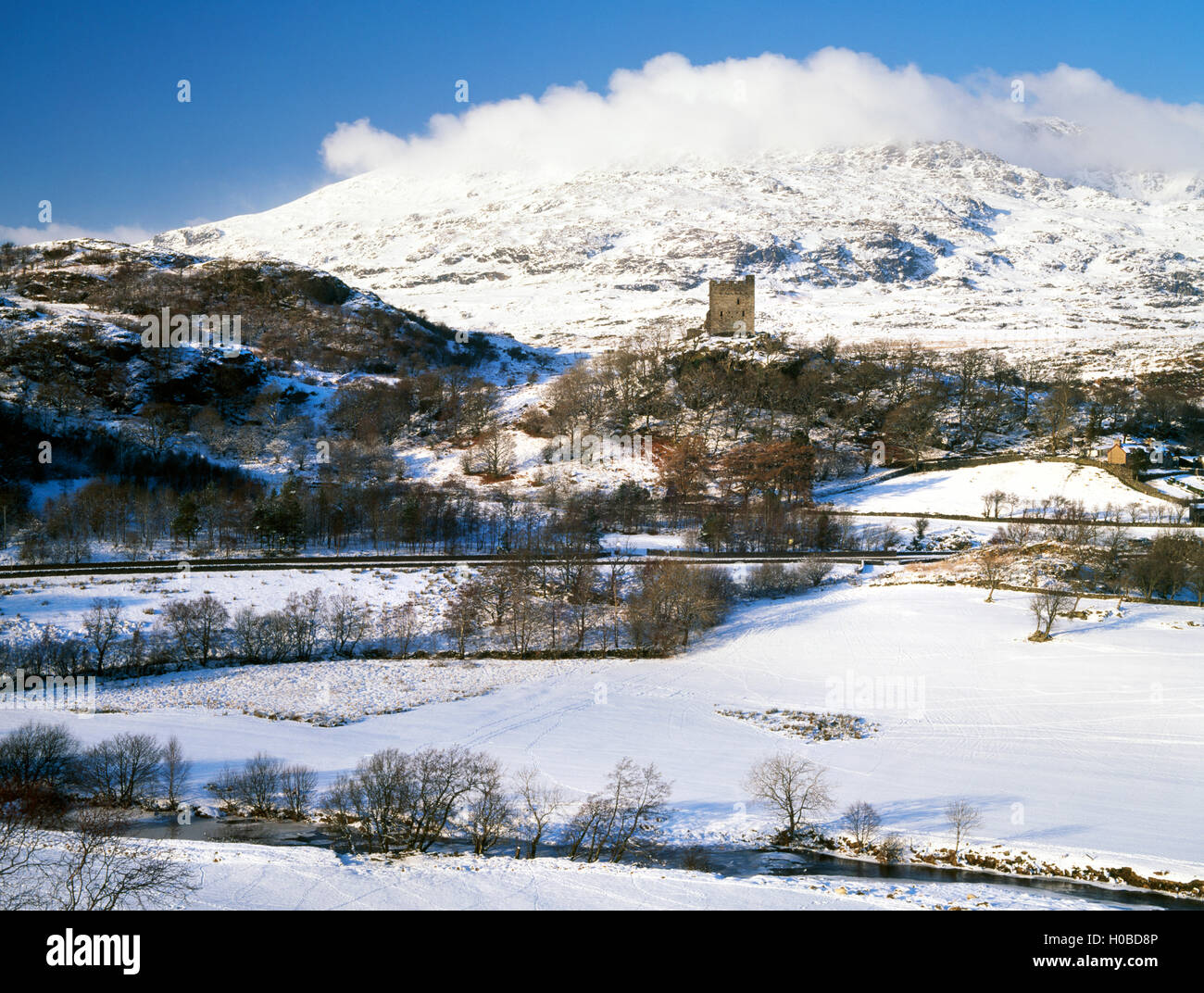 Castell Dolwyddelan perched on a rocky knoll above the Lledr valley. Stock Photo