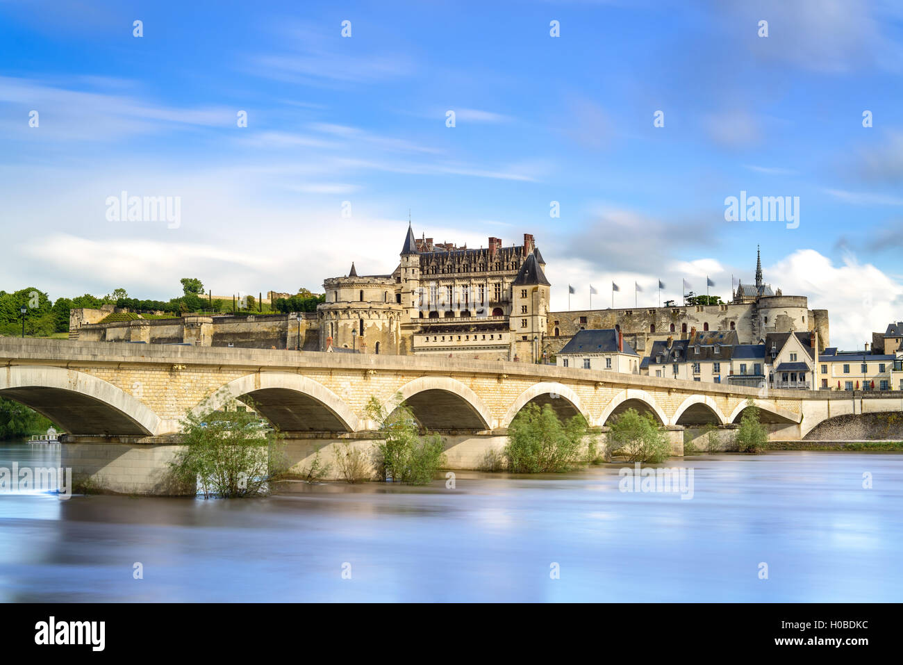 Amboise medieval castle or chateau and bridge on Loire river. France, Europe. Unesco site. Stock Photo