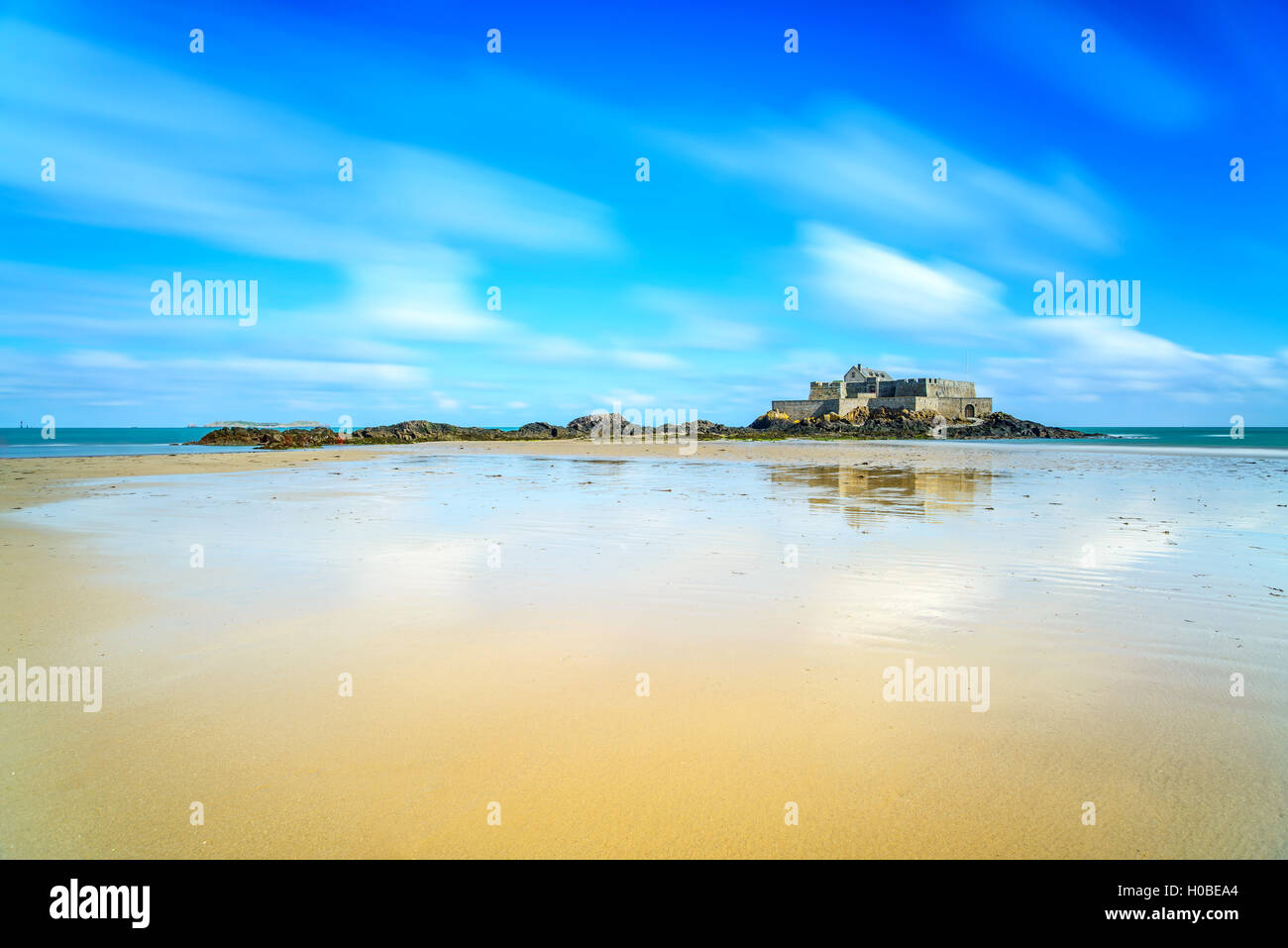 Saint Malo, Fort National and beach during Low Tide. Brittany, France, Europe. Long exposure photography Stock Photo