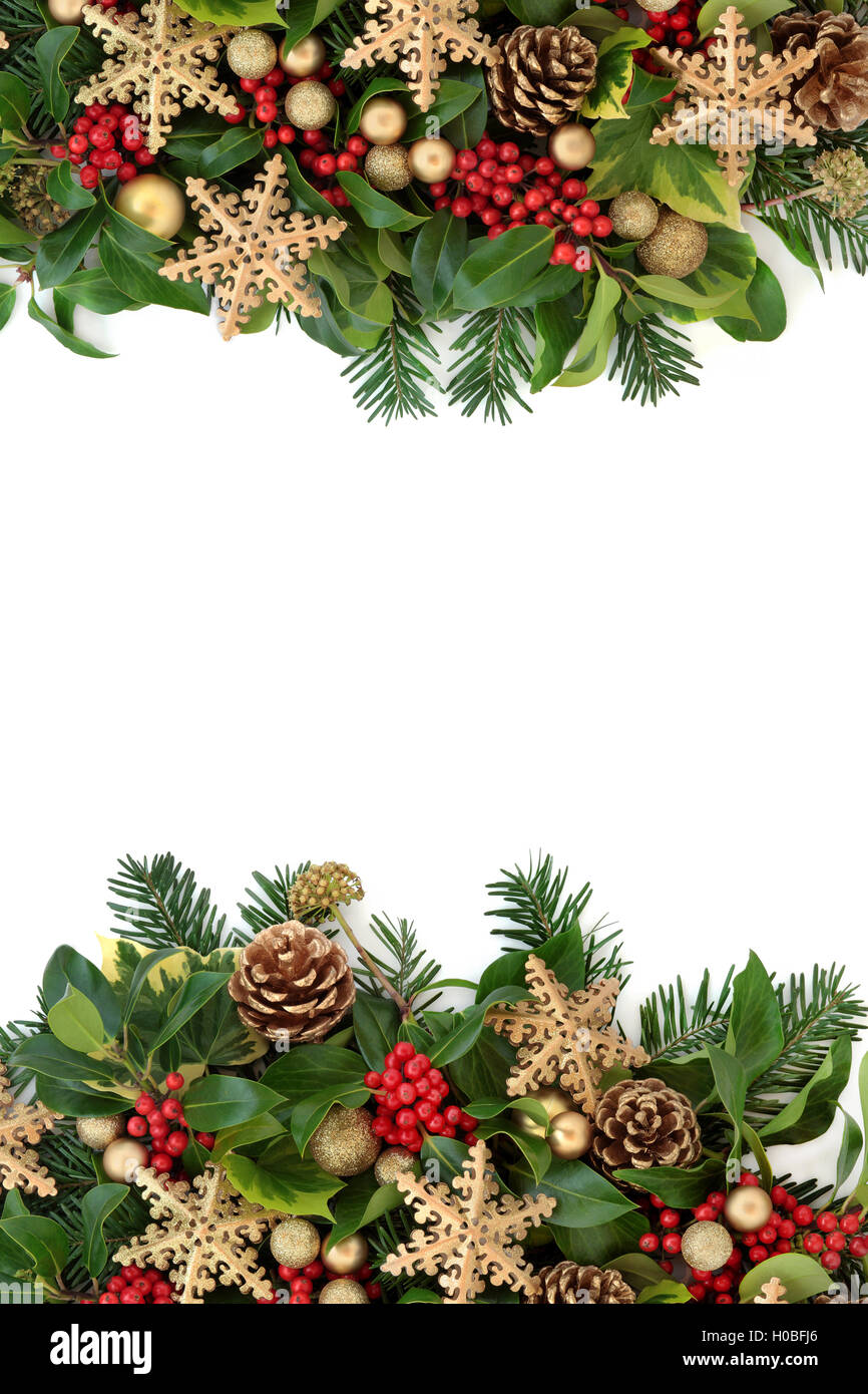 Christmas gold snowflake background border with baubles, holly and red ...