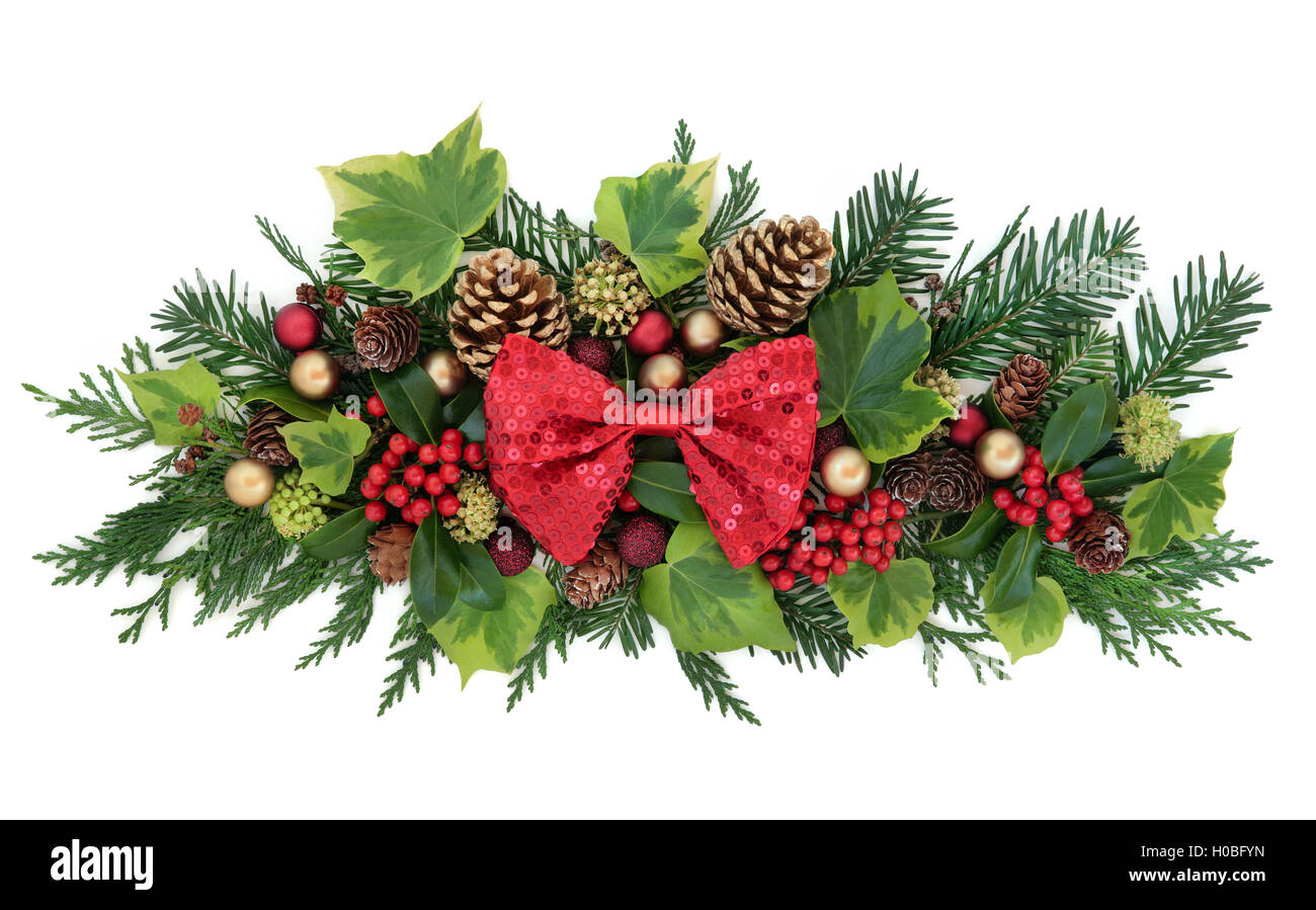 Christmas Decoration With Red Bow Bauble Decorations Holly Ivy
