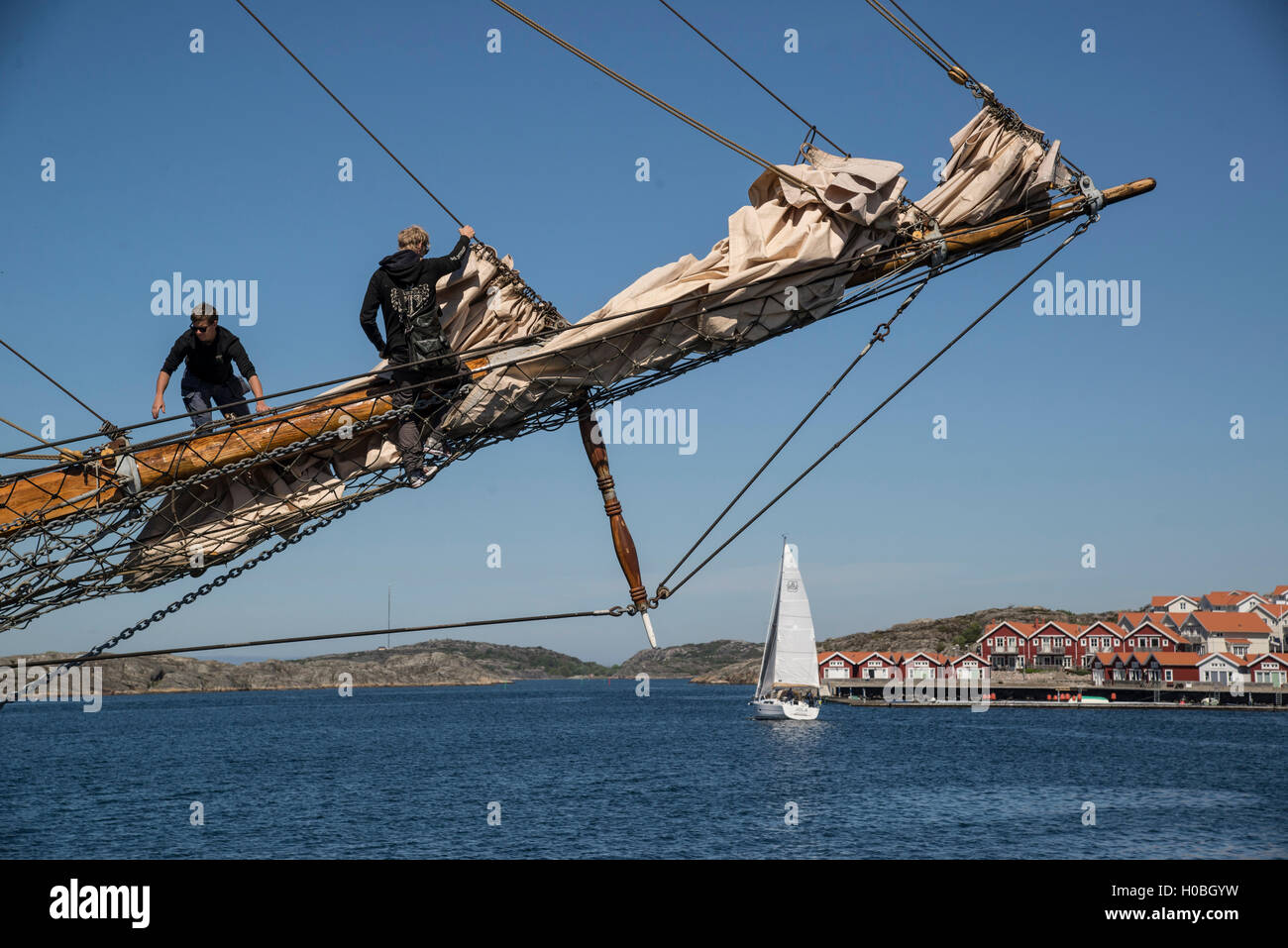 Training ship M/S Atene is being made ready in the spring at her home port of Skärhamn on the island of Tjörn on the west coast Stock Photo