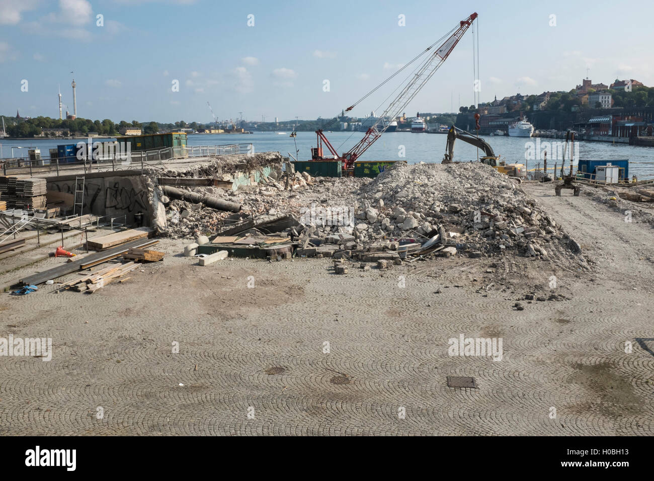 The demolision of Slussen the cloverleaf interchange, pedestrian passages, walkways and lock in central Stockholm Stock Photo